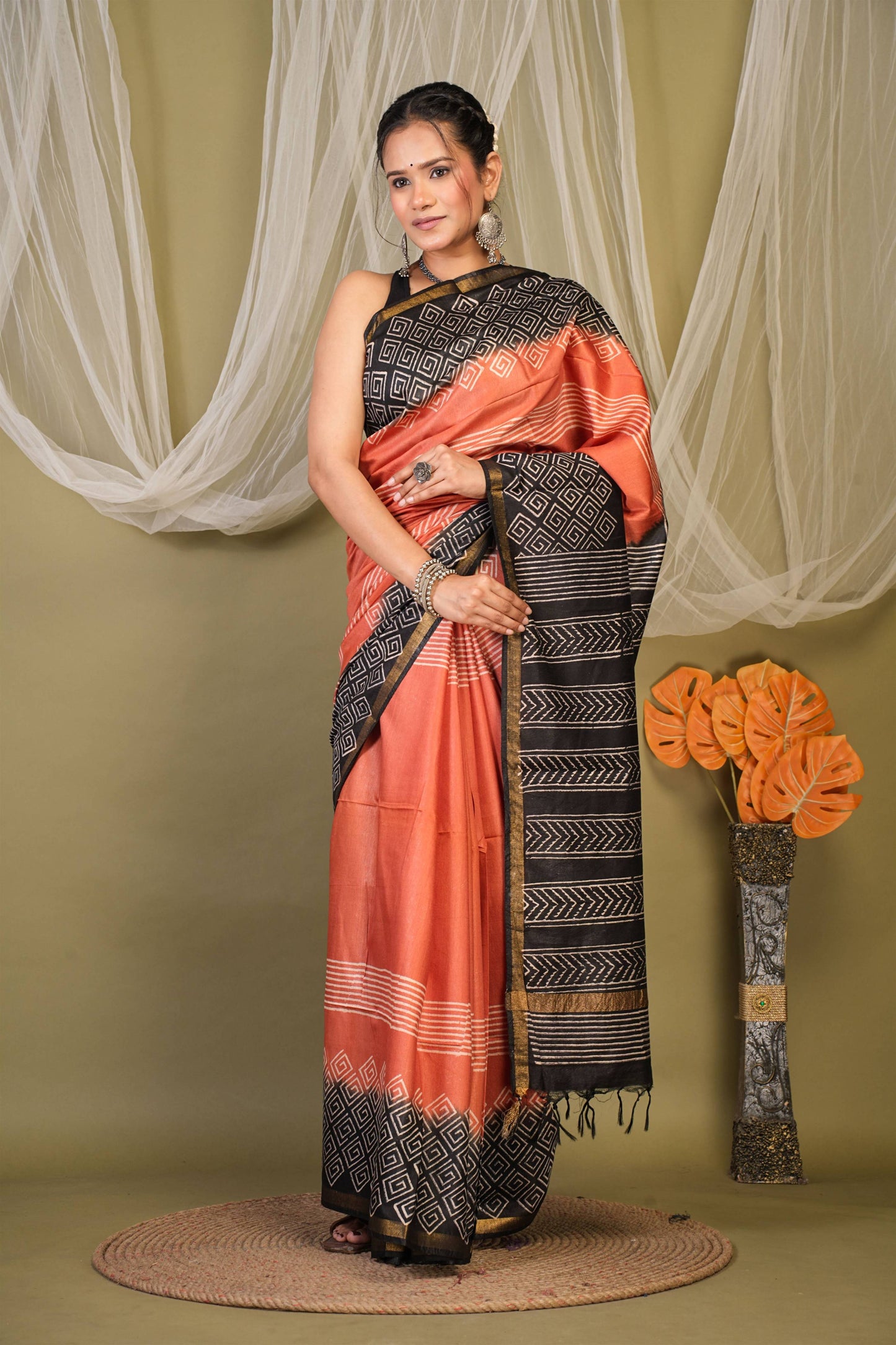 Anuttara Bhagalpuri Rust::Black Cotton Silk Stripe, Geometric Saree with Unstitched Blouse_AFS1355-FS
