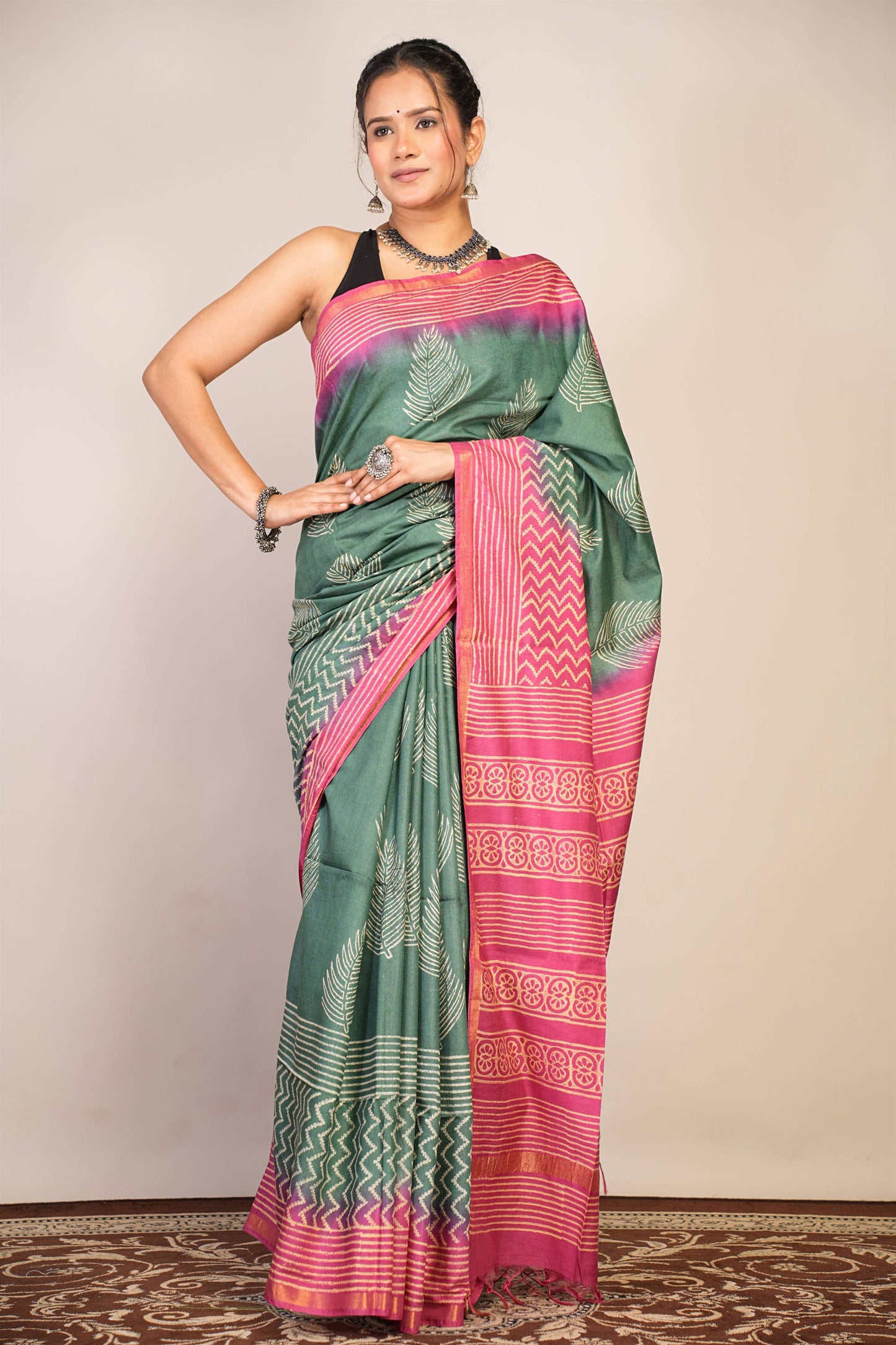 Anuttara Bhagalpuri Green Teal::Pink Cotton Silk Floral, Zig-Zag Saree with Unstitched Blouse_AFS1356-FS