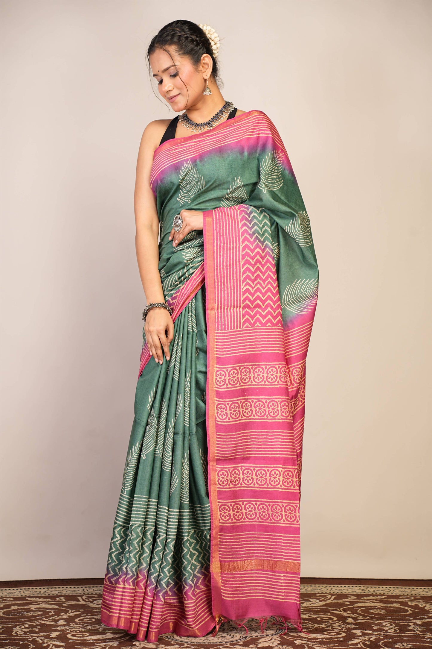 Anuttara Bhagalpuri Green Teal::Pink Cotton Silk Floral, Zig-Zag Saree with Unstitched Blouse_AFS1356-FS