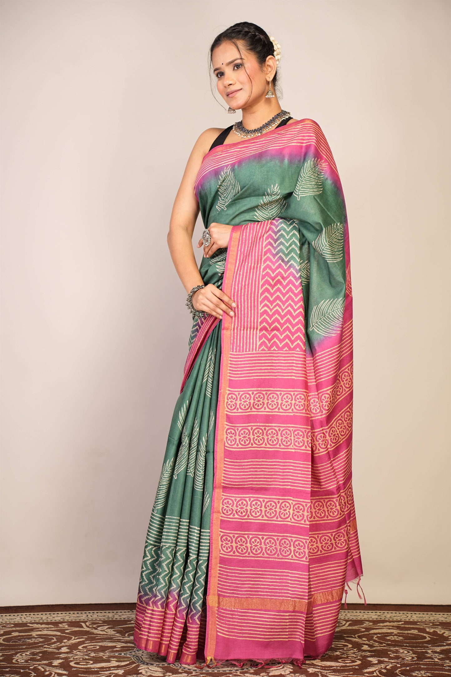 Anuttara Bhagalpuri Green Teal::Pink Cotton Silk Floral, Zig-Zag Saree with Unstitched Blouse_AFS1356-FS