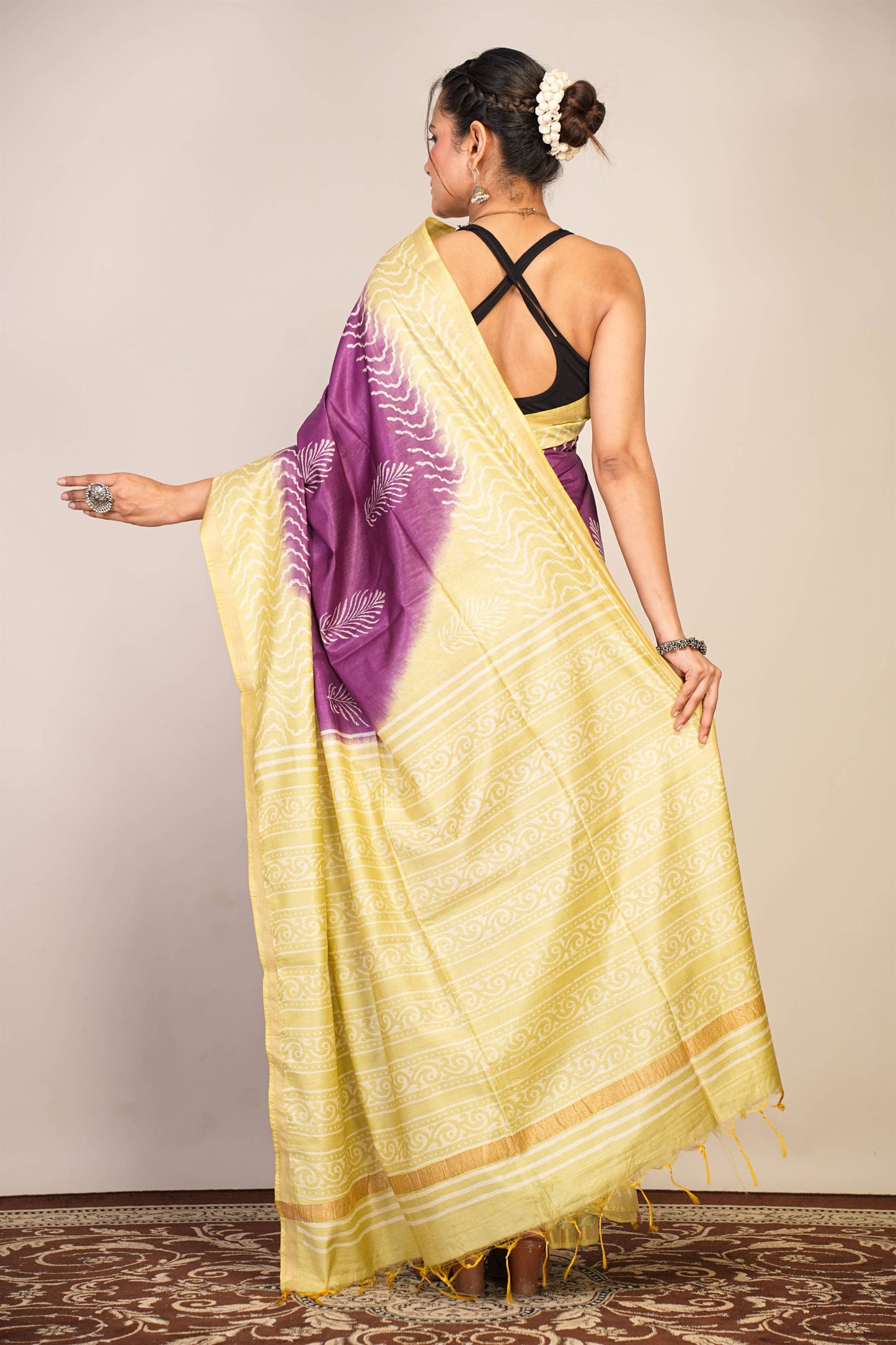 Anuttara Bhagalpuri Purple::Green Cotton Silk Floral, Zig-Zag Saree with Unstitched Blouse_AFS1357-FS
