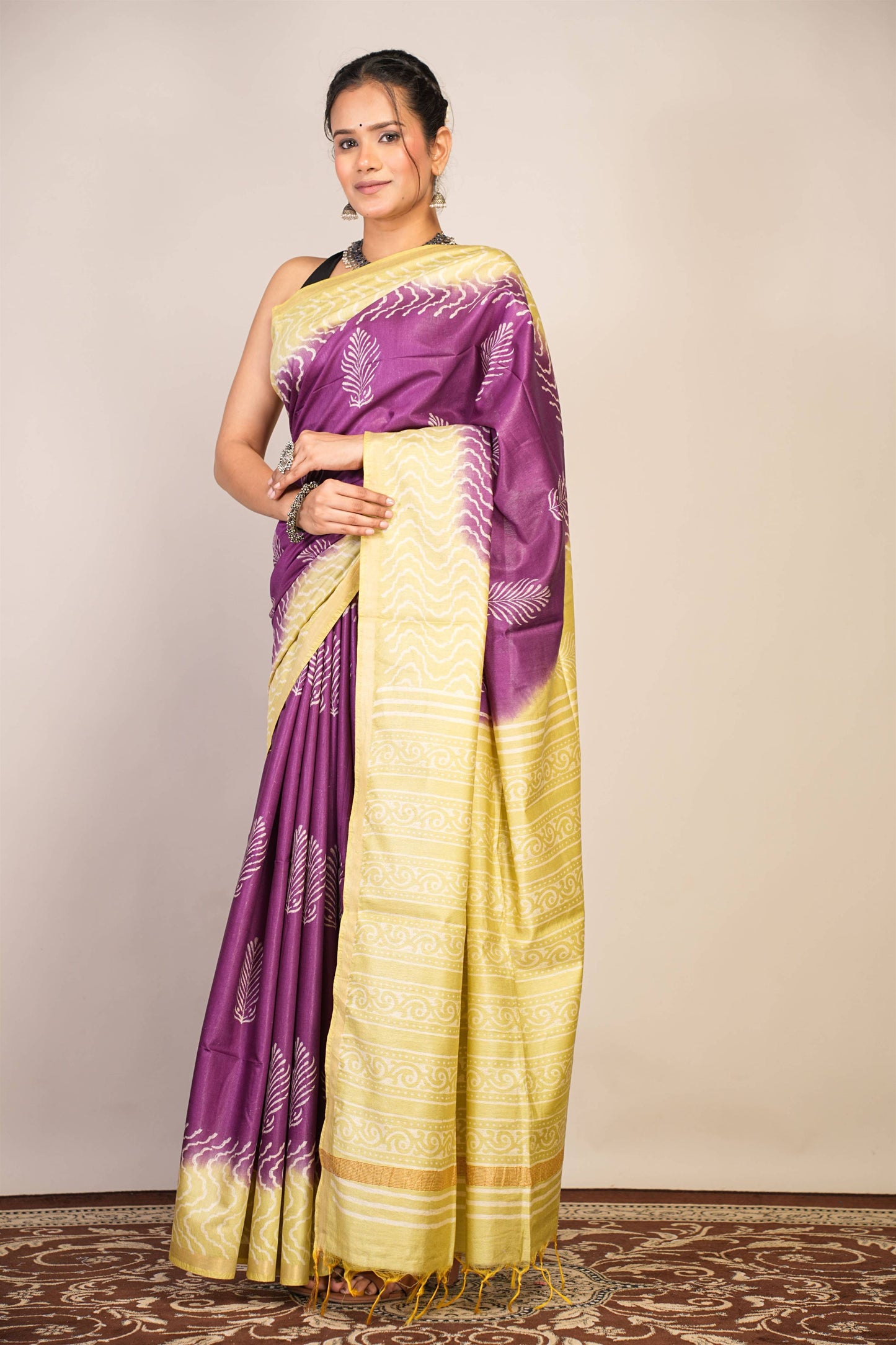Anuttara Bhagalpuri Purple::Green Cotton Silk Floral, Zig-Zag Saree with Unstitched Blouse_AFS1357-FS