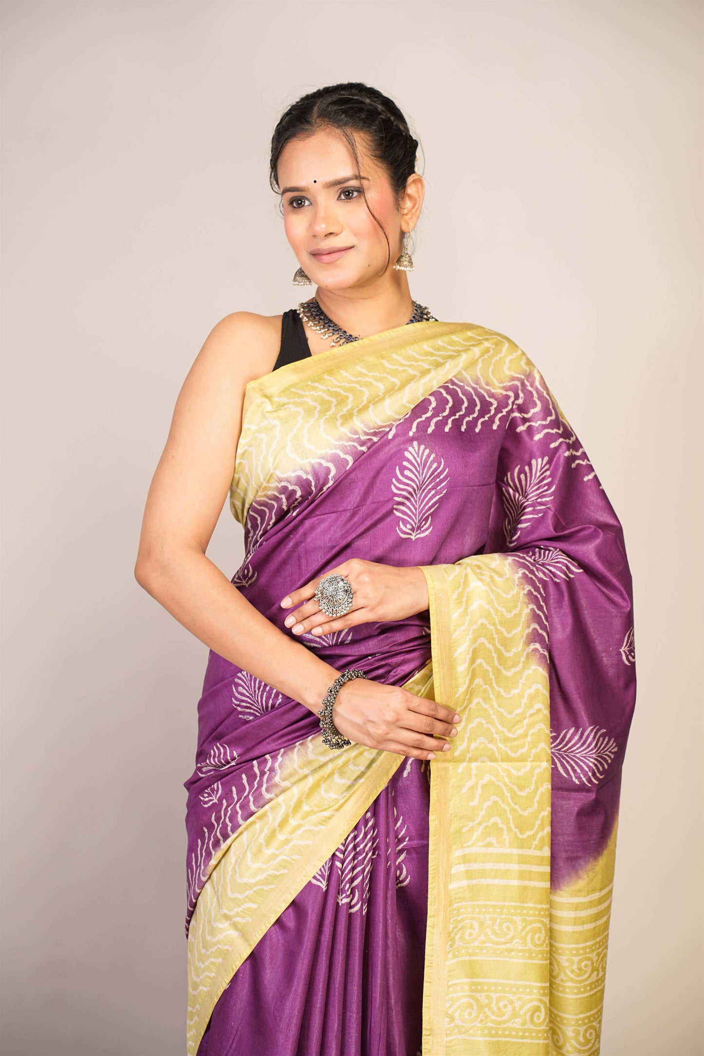 Anuttara Bhagalpuri Purple::Green Cotton Silk Floral, Zig-Zag Saree with Unstitched Blouse_AFS1357-FS