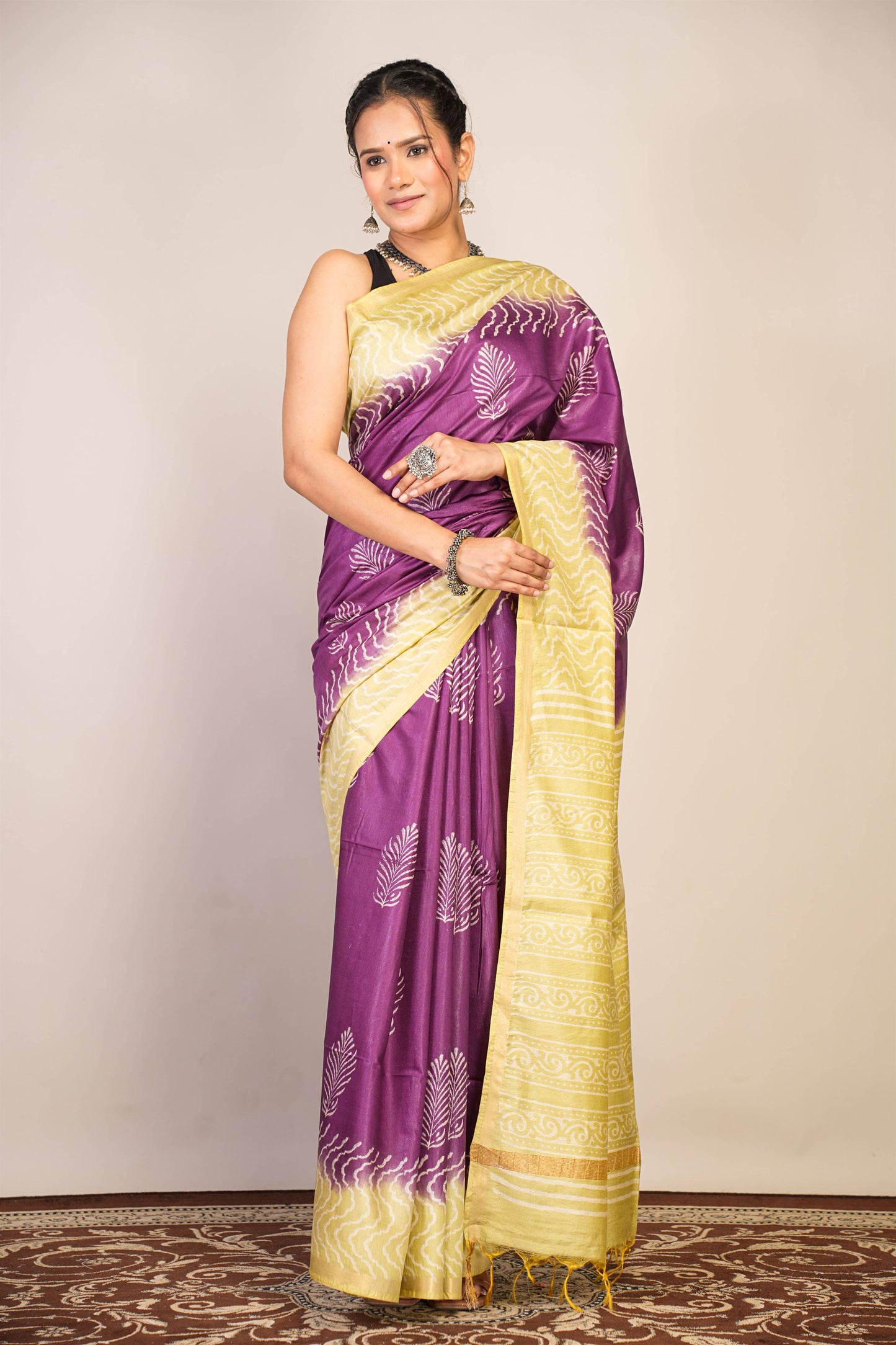Anuttara Bhagalpuri Purple::Green Cotton Silk Floral, Zig-Zag Saree with Unstitched Blouse_AFS1357-FS