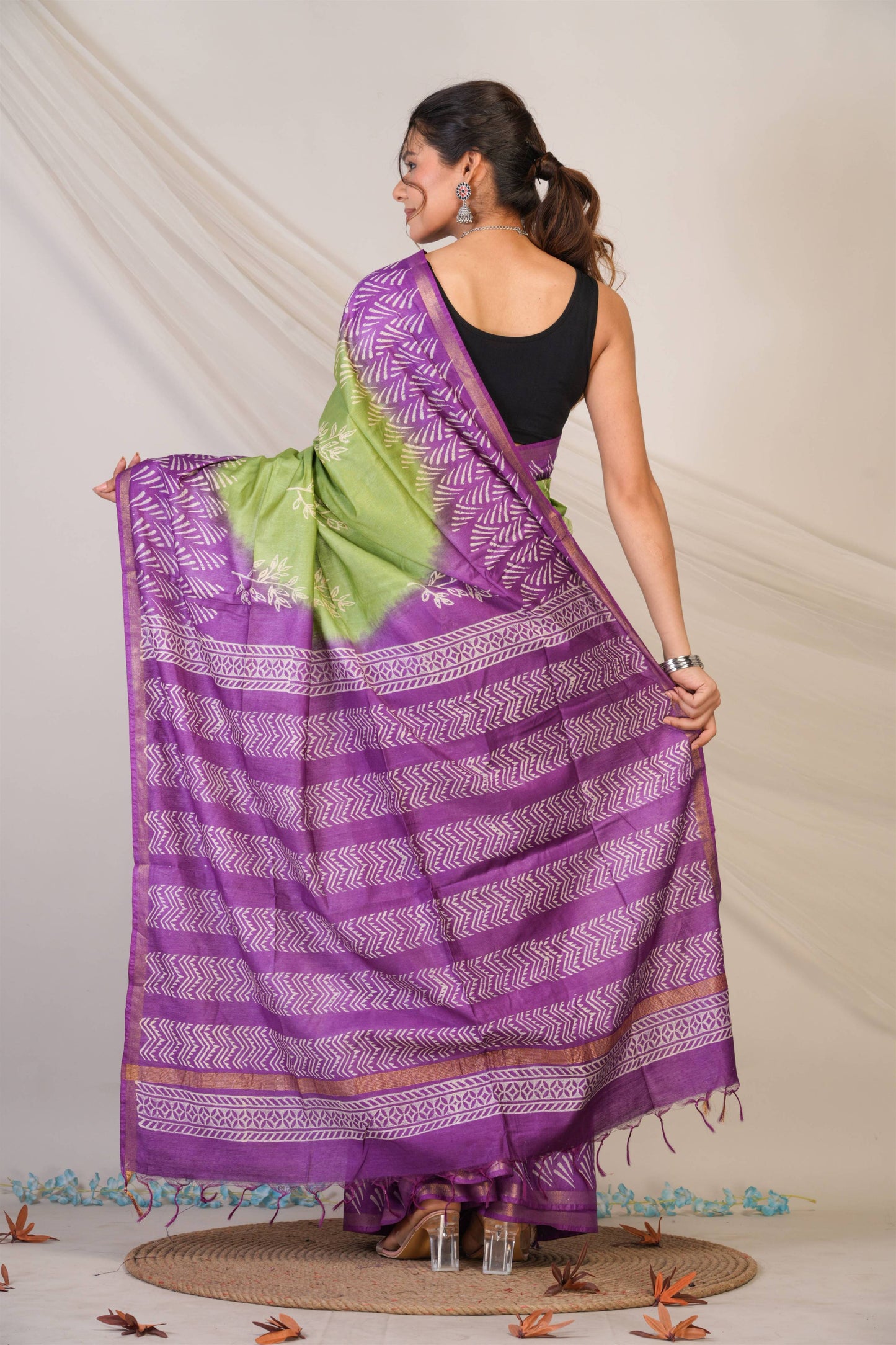 Anuttara Bhagalpuri Green::Violet Cotton Silk Floral Saree with Unstitched Blouse_AFS1358-FS