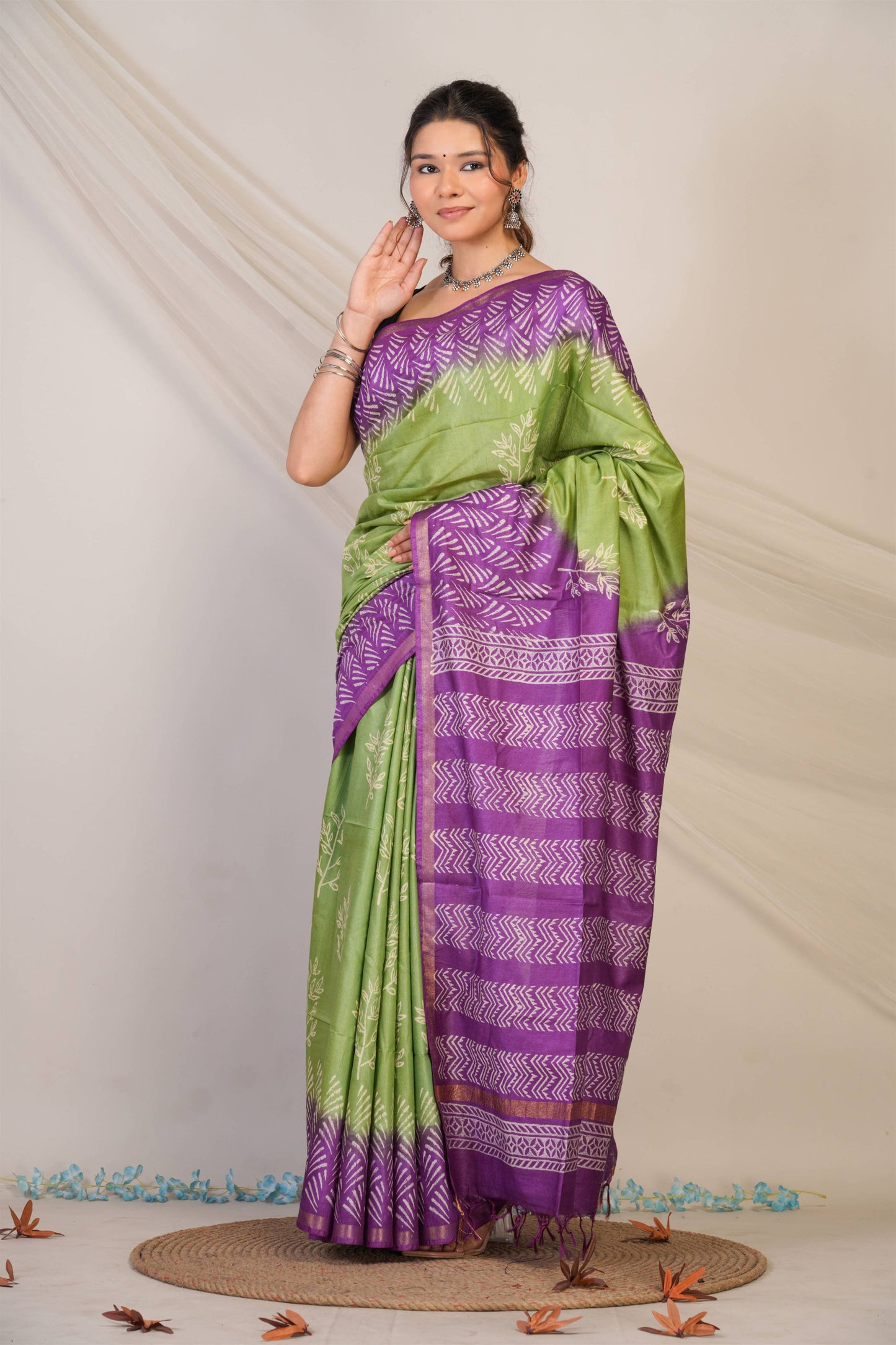 Anuttara Bhagalpuri Green::Violet Cotton Silk Floral Saree with Unstitched Blouse_AFS1358-FS