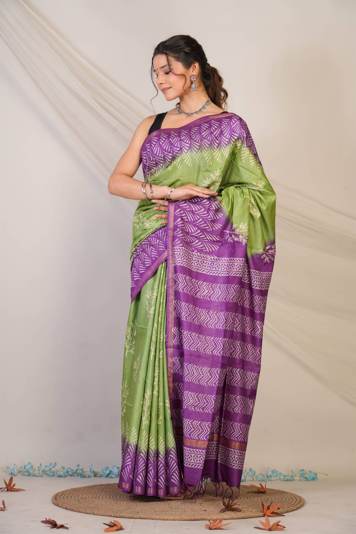 Anuttara Bhagalpuri Green::Violet Cotton Silk Floral Saree with Unstitched Blouse_AFS1358-FS