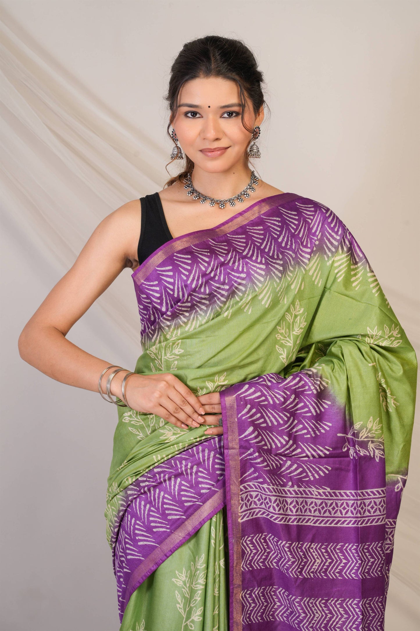 Anuttara Bhagalpuri Green::Violet Cotton Silk Floral Saree with Unstitched Blouse_AFS1358-FS