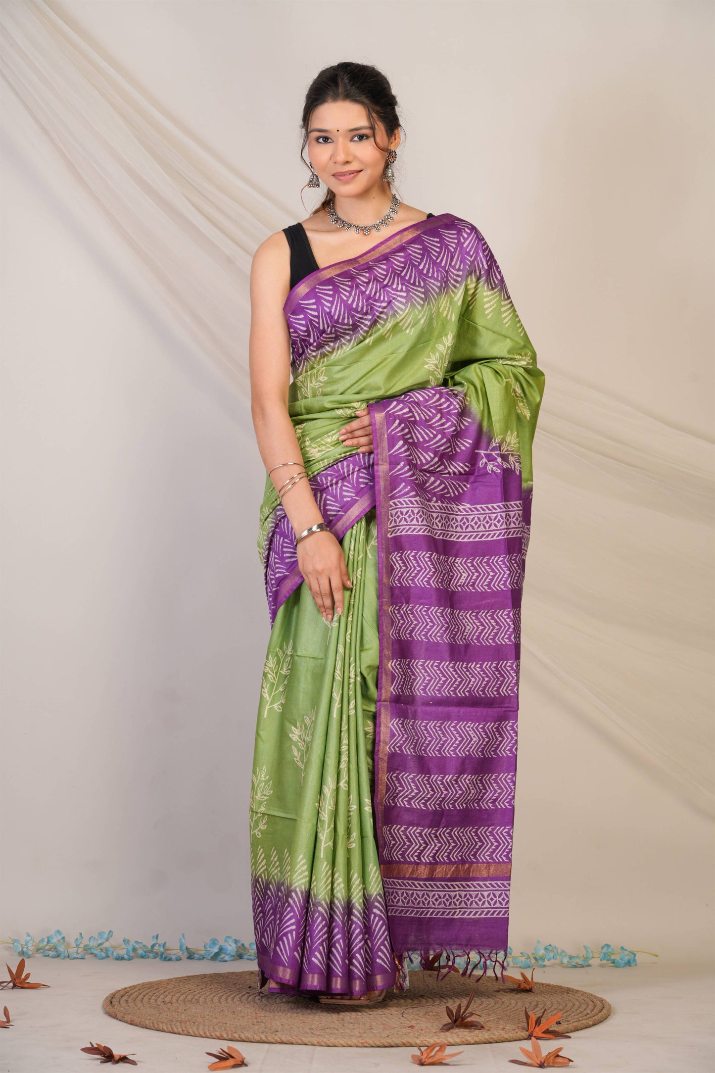 Anuttara Bhagalpuri Green::Violet Cotton Silk Floral Saree with Unstitched Blouse_AFS1358-FS