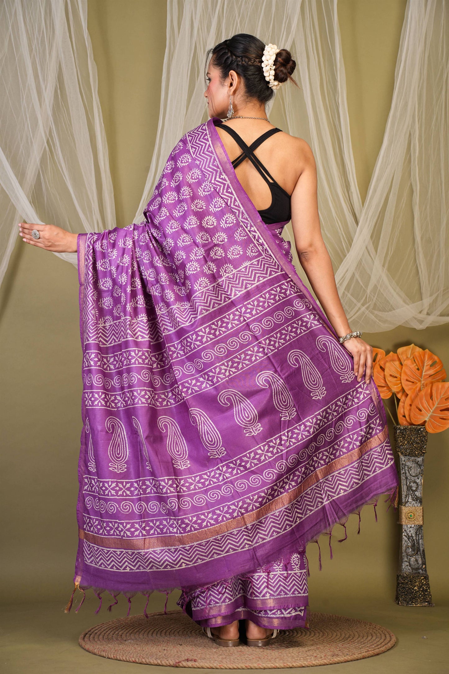 Anuttara Bhagalpuri Violet Cotton Silk Floral, Paisley Saree with Unstitched Blouse_AFS1361-FS