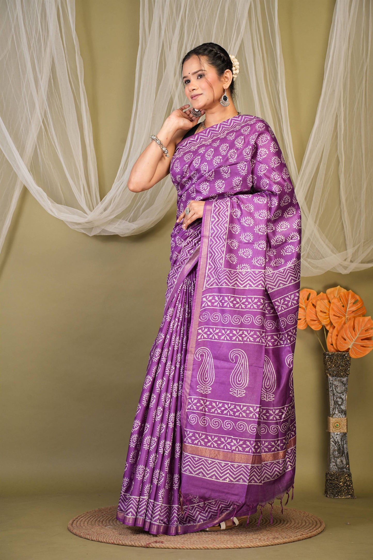 Anuttara Bhagalpuri Violet Cotton Silk Floral, Paisley Saree with Unstitched Blouse_AFS1361-FS