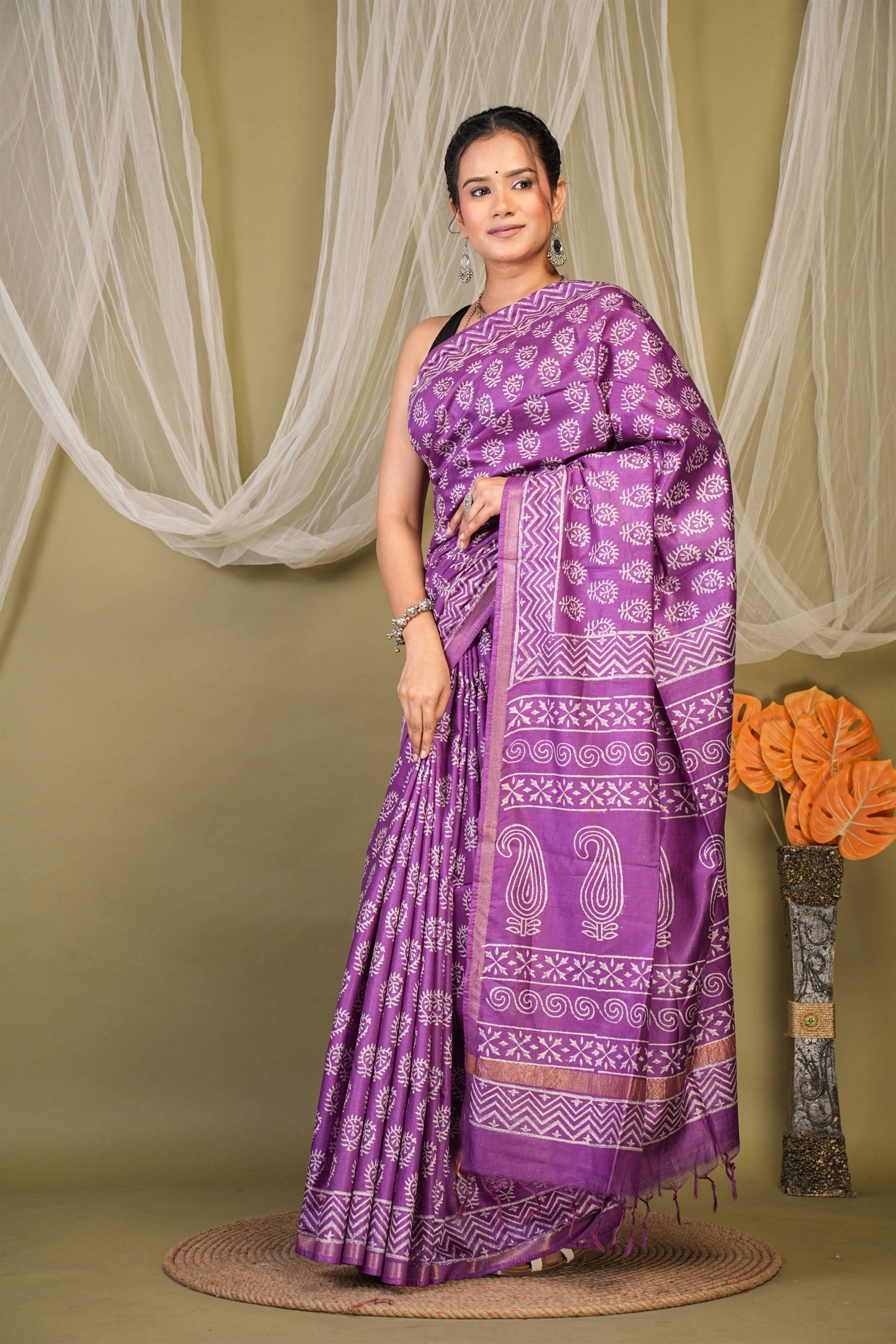 Anuttara Bhagalpuri Violet Cotton Silk Floral, Paisley Saree with Unstitched Blouse_AFS1361-FS