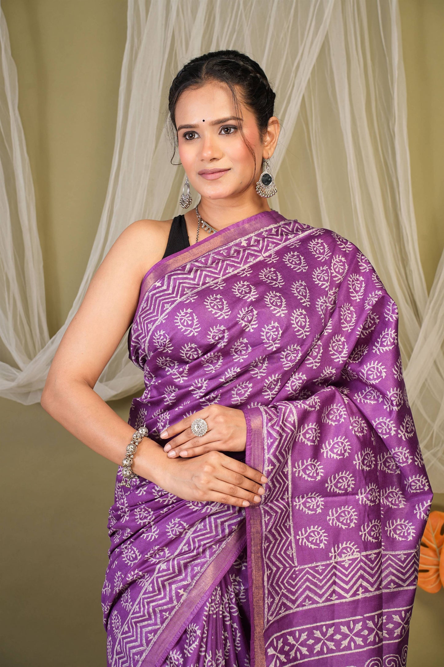 Anuttara Bhagalpuri Violet Cotton Silk Floral, Paisley Saree with Unstitched Blouse_AFS1361-FS