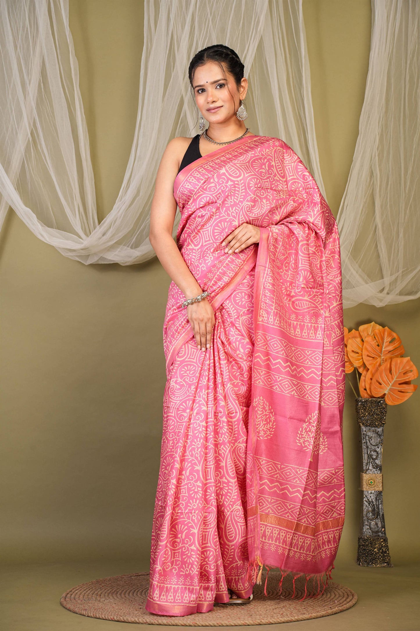 Anuttara Bhagalpuri Pink Cotton Silk Floral, Paisley Saree with Unstitched Blouse_AFS1363-FS