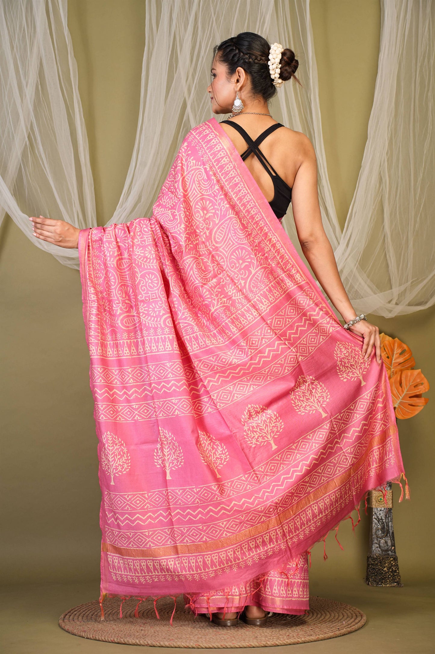 Anuttara Bhagalpuri Pink Cotton Silk Floral, Paisley Saree with Unstitched Blouse_AFS1363-FS