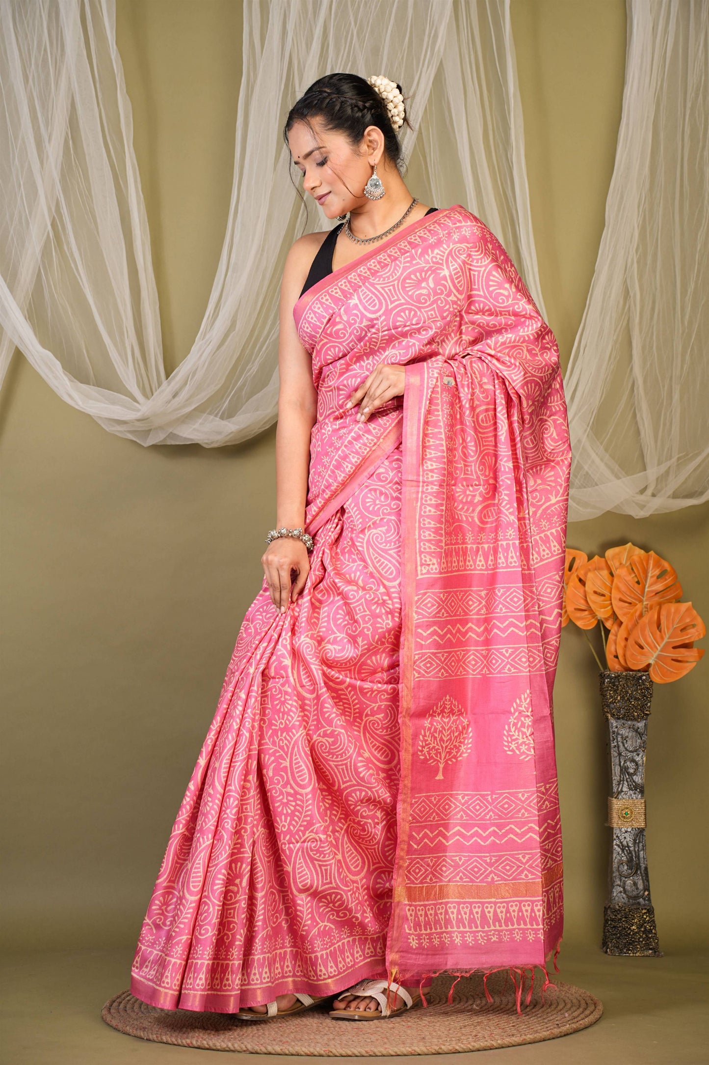 Anuttara Bhagalpuri Pink Cotton Silk Floral, Paisley Saree with Unstitched Blouse_AFS1363-FS