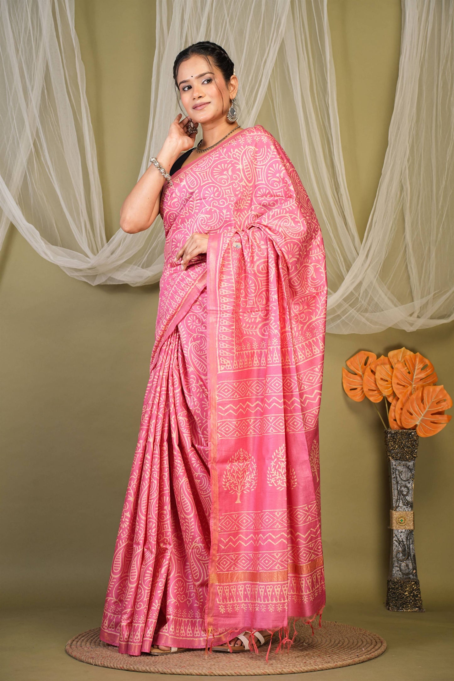 Anuttara Bhagalpuri Pink Cotton Silk Floral, Paisley Saree with Unstitched Blouse_AFS1363-FS