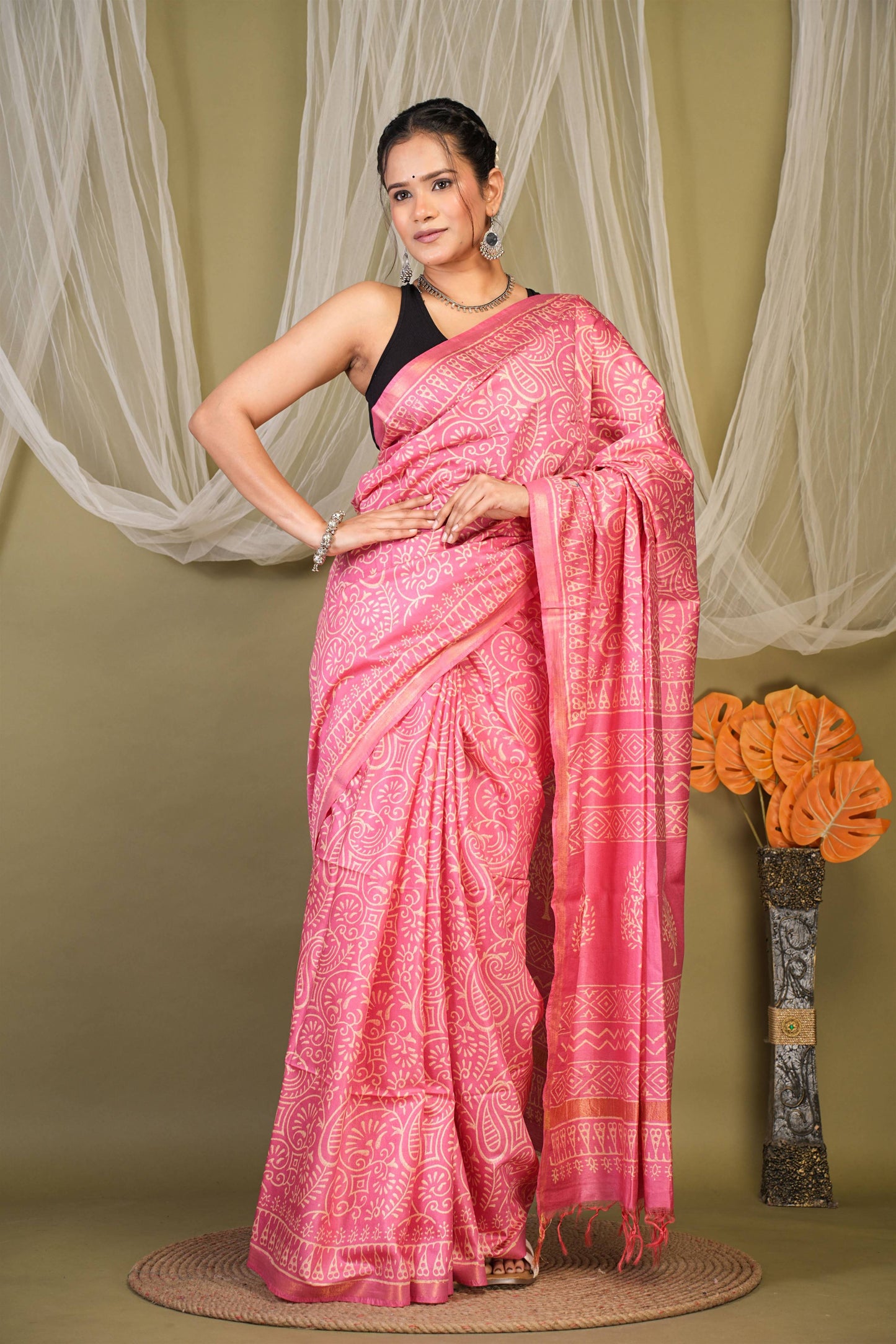 Anuttara Bhagalpuri Pink Cotton Silk Floral, Paisley Saree with Unstitched Blouse_AFS1363-FS