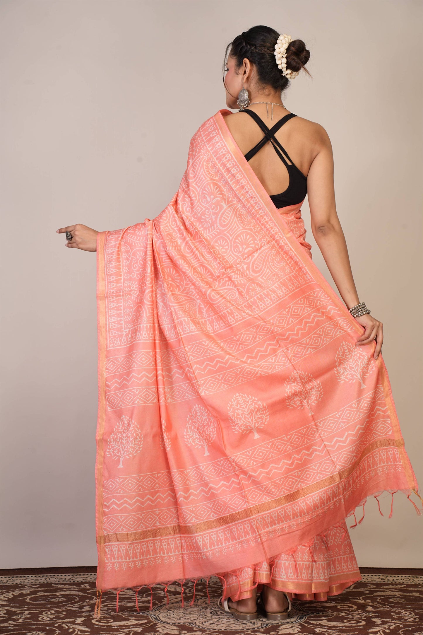 Anuttara Bhagalpuri Peach Cotton Silk Floral, Paisley Saree with Unstitched Blouse_AFS1364-FS