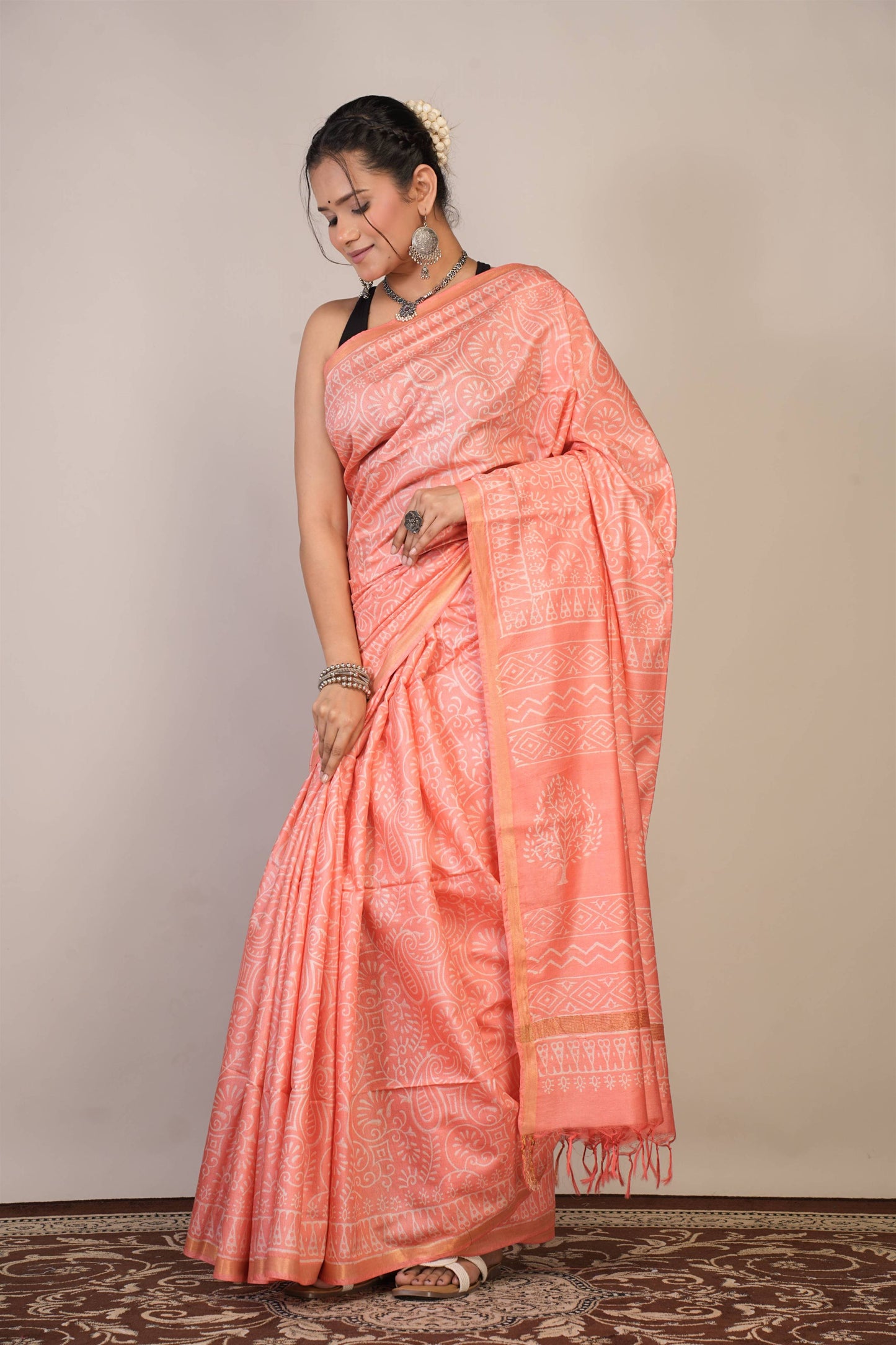 Anuttara Bhagalpuri Peach Cotton Silk Floral, Paisley Saree with Unstitched Blouse_AFS1364-FS