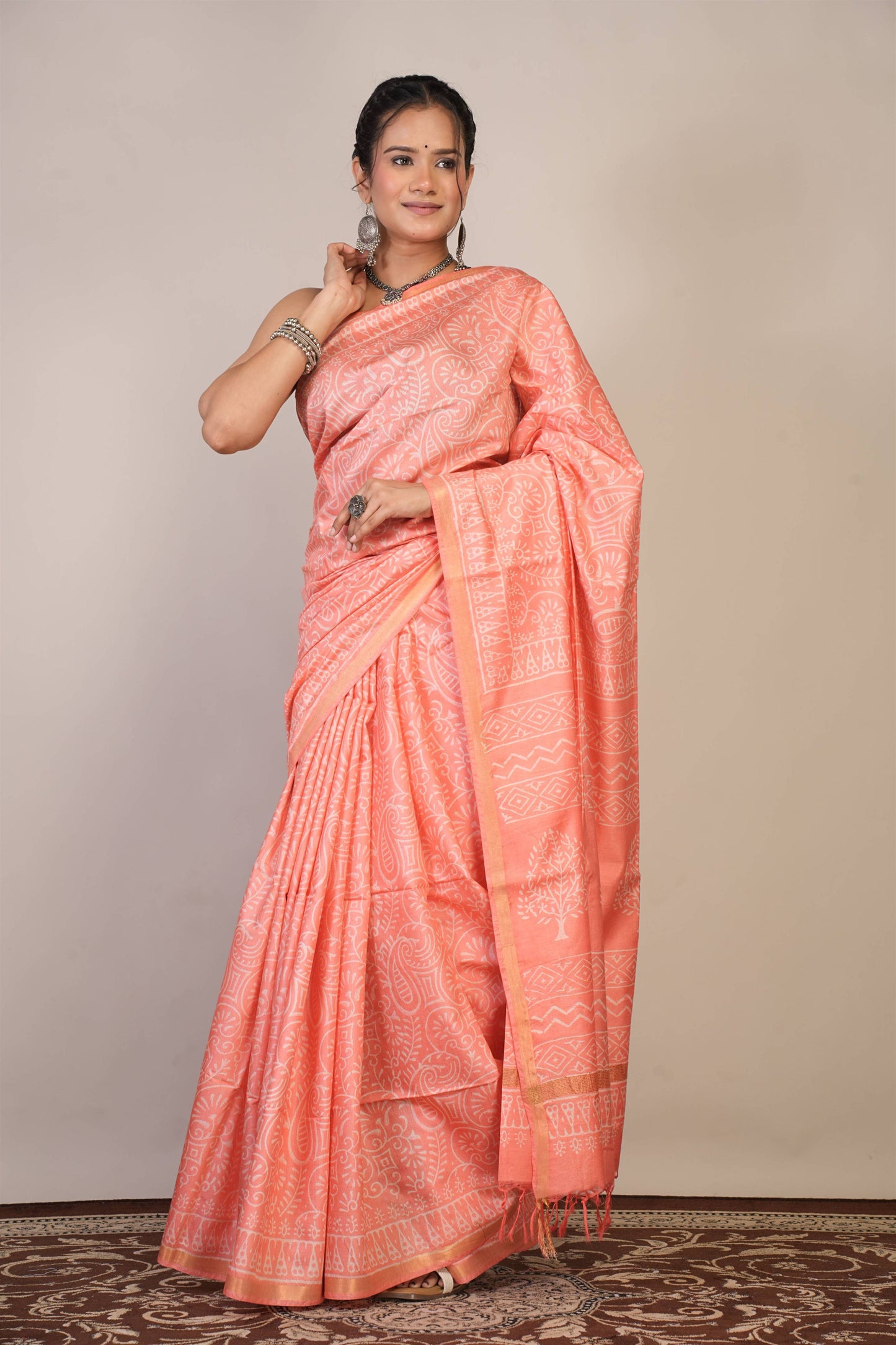 Anuttara Bhagalpuri Peach Cotton Silk Floral, Paisley Saree with Unstitched Blouse_AFS1364-FS