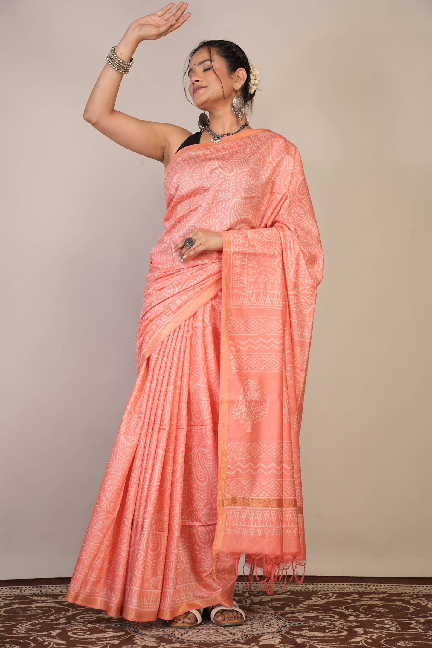 Anuttara Bhagalpuri Peach Cotton Silk Floral, Paisley Saree with Unstitched Blouse_AFS1364-FS