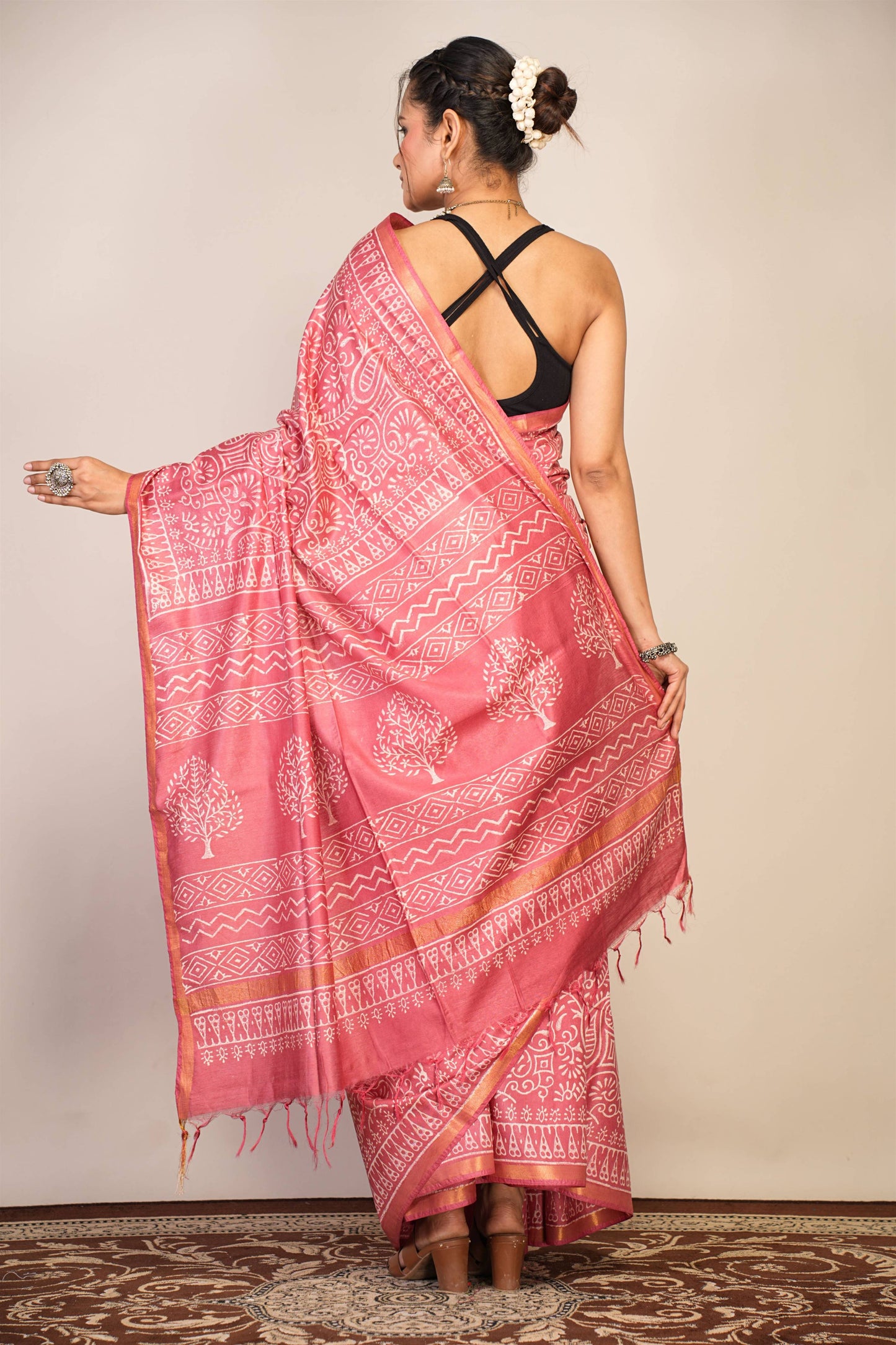Anuttara Bhagalpuri Salmon Pink Cotton Silk Floral, Paisley Saree with Unstitched Blouse_AFS1365-FS