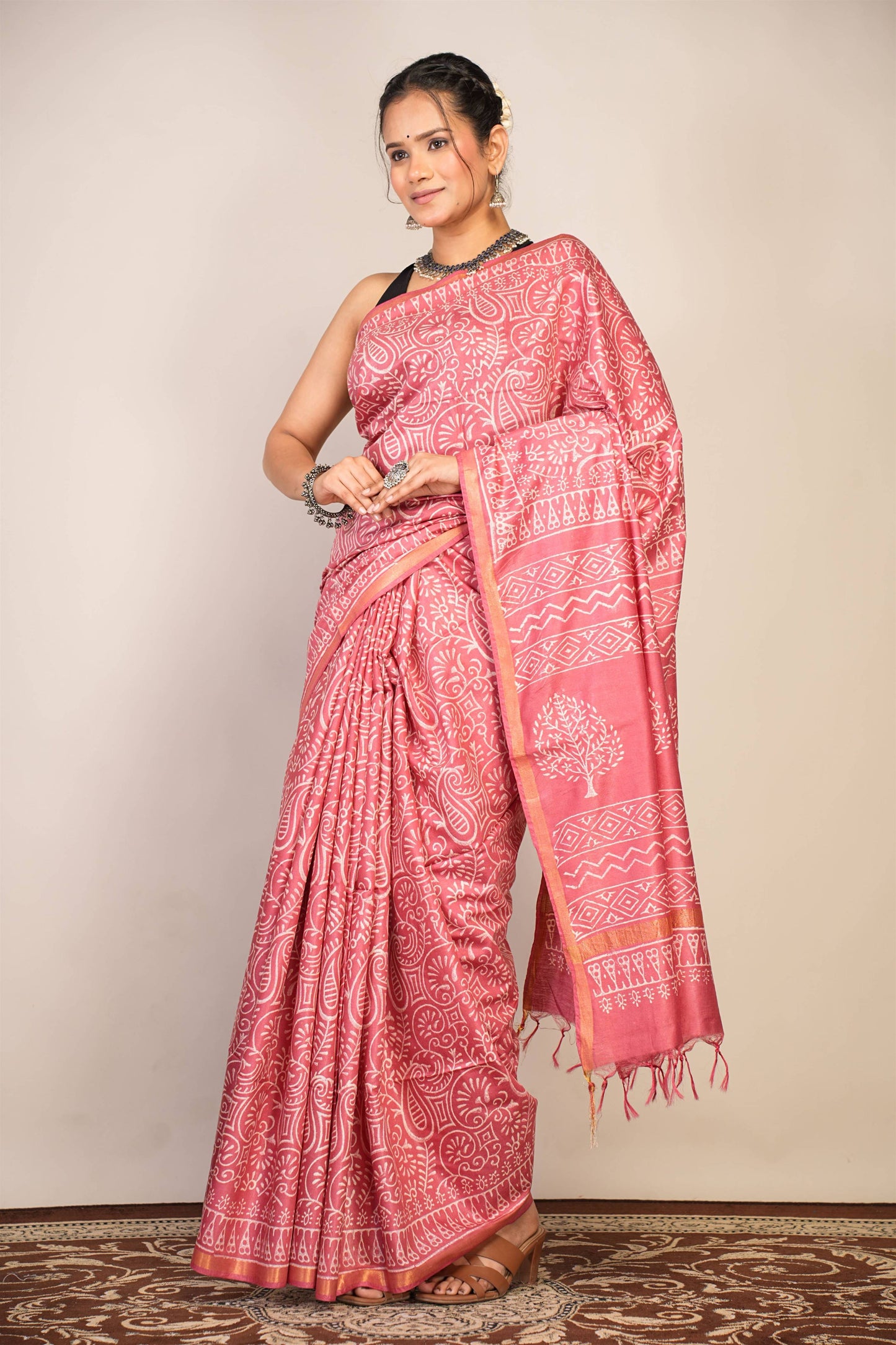 Anuttara Bhagalpuri Salmon Pink Cotton Silk Floral, Paisley Saree with Unstitched Blouse_AFS1365-FS