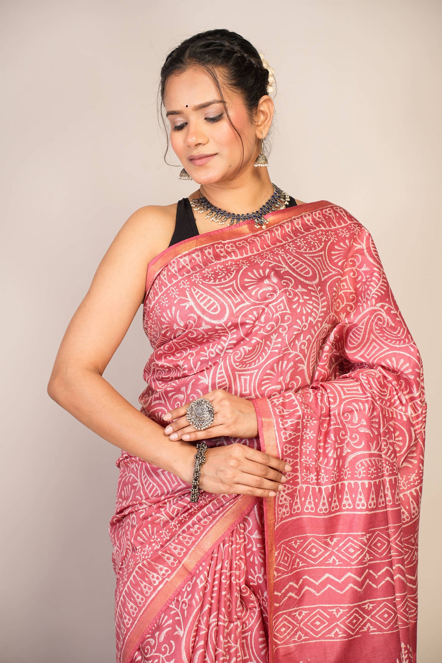 Anuttara Bhagalpuri Salmon Pink Cotton Silk Floral, Paisley Saree with Unstitched Blouse_AFS1365-FS