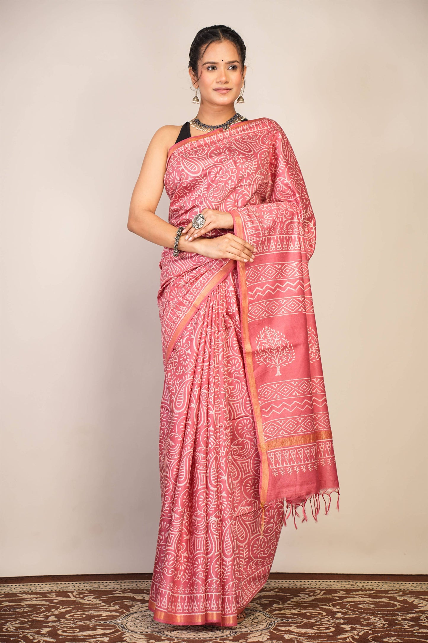 Anuttara Bhagalpuri Salmon Pink Cotton Silk Floral, Paisley Saree with Unstitched Blouse_AFS1365-FS
