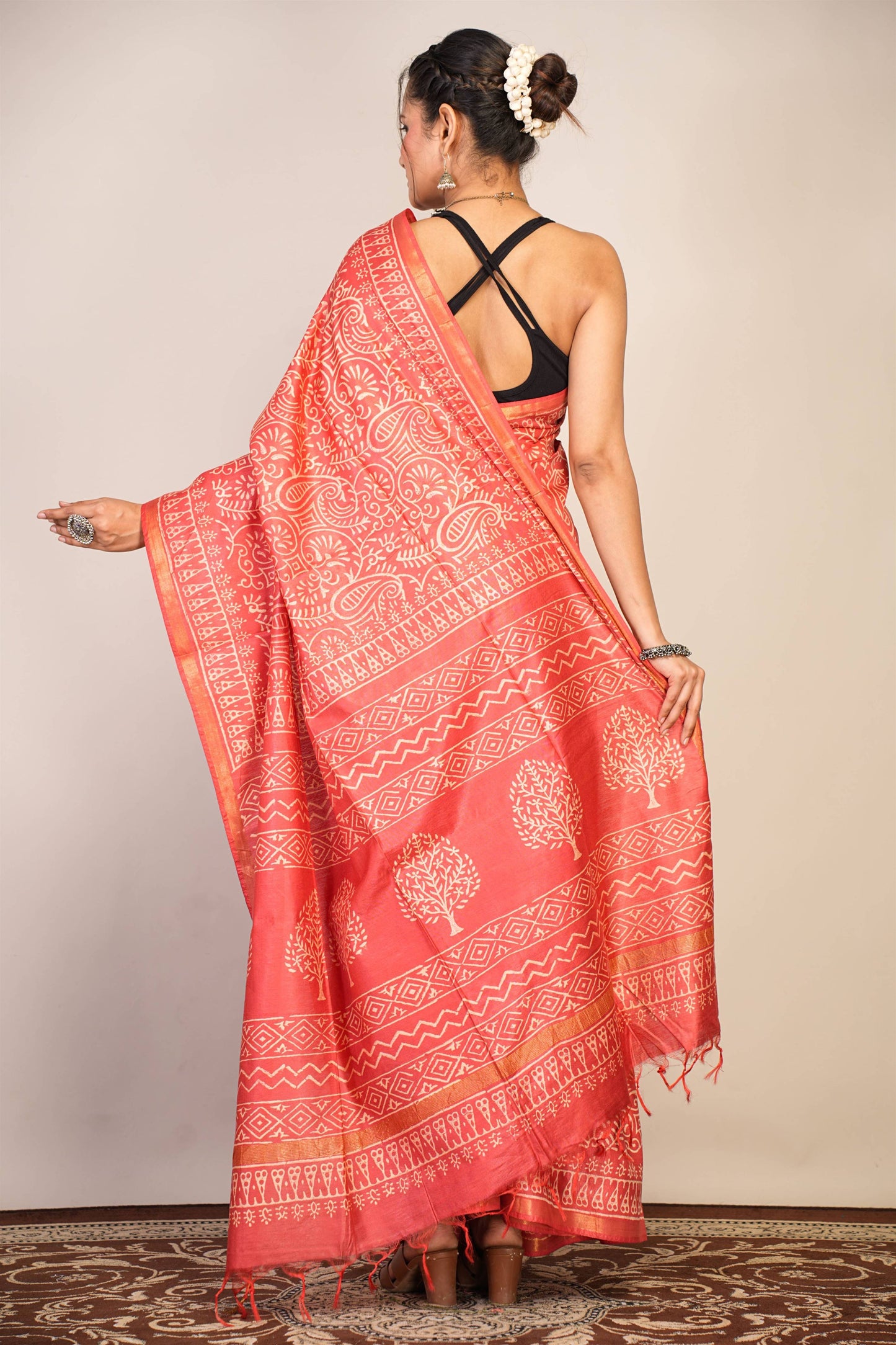 Anuttara Bhagalpuri Red Cotton Silk Floral, Paisley Saree with Unstitched Blouse_AFS1366-FS