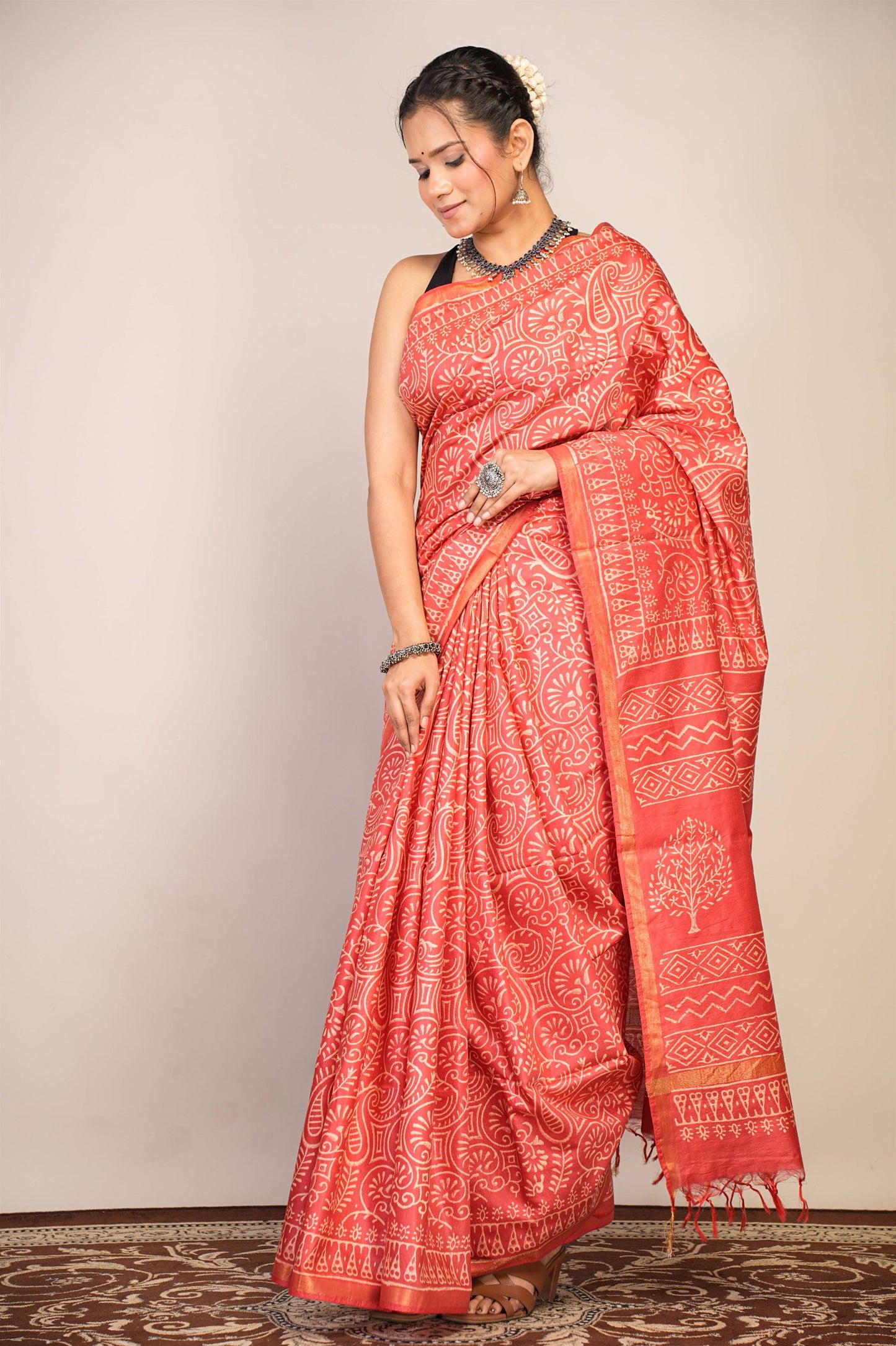 Anuttara Bhagalpuri Red Cotton Silk Floral, Paisley Saree with Unstitched Blouse_AFS1366-FS