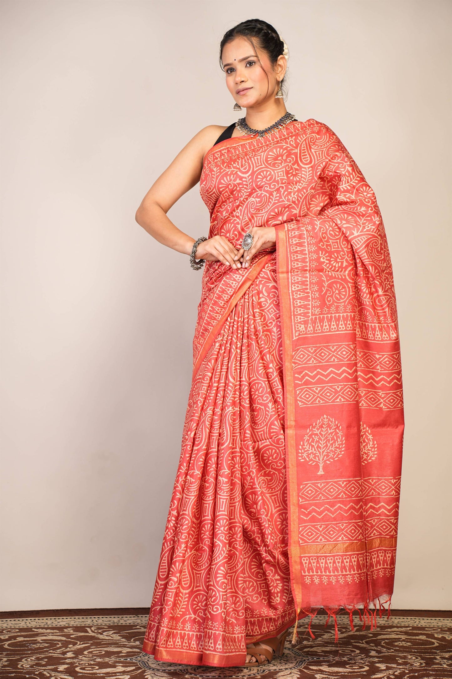 Anuttara Bhagalpuri Red Cotton Silk Floral, Paisley Saree with Unstitched Blouse_AFS1366-FS