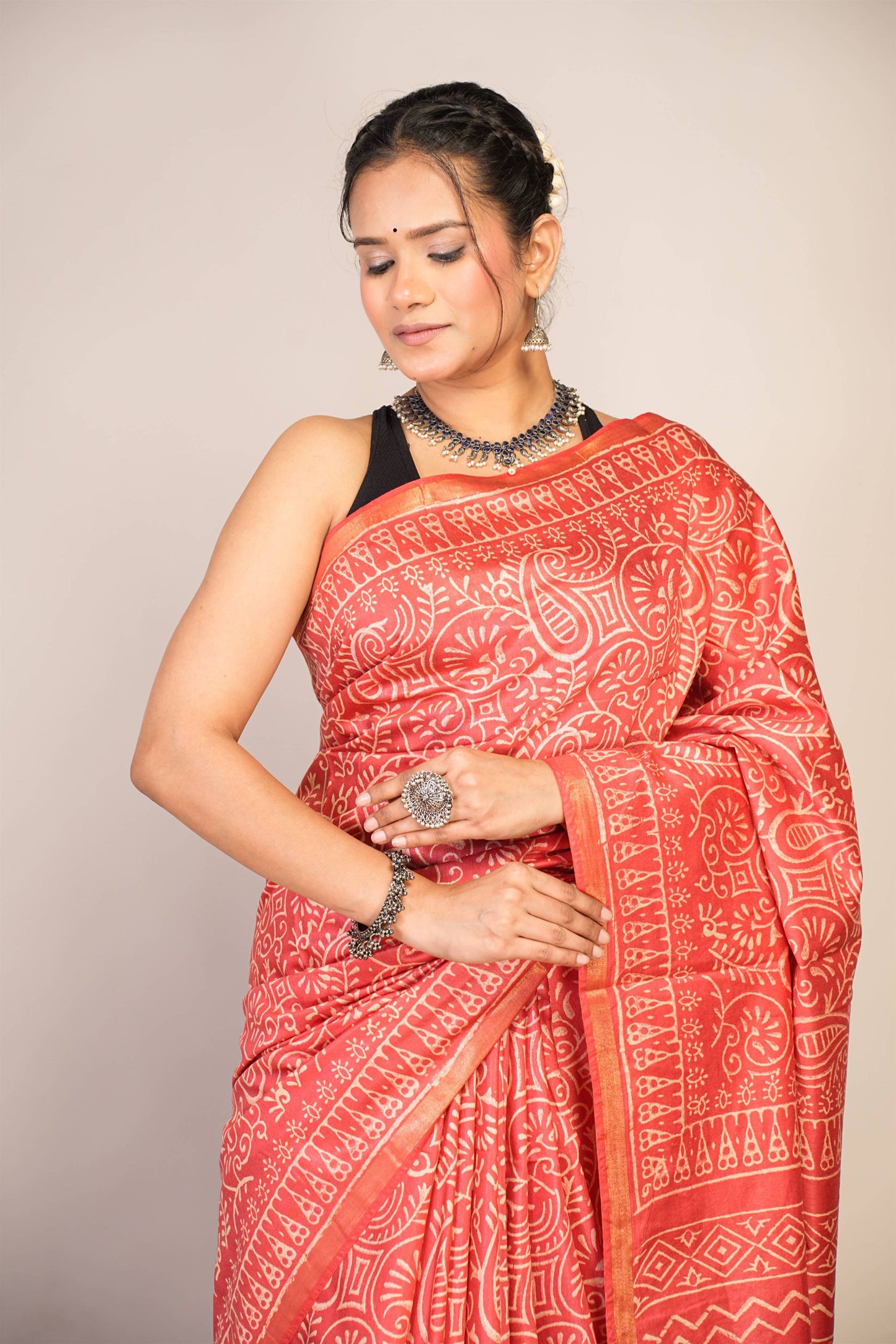 Anuttara Bhagalpuri Red Cotton Silk Floral, Paisley Saree with Unstitched Blouse_AFS1366-FS