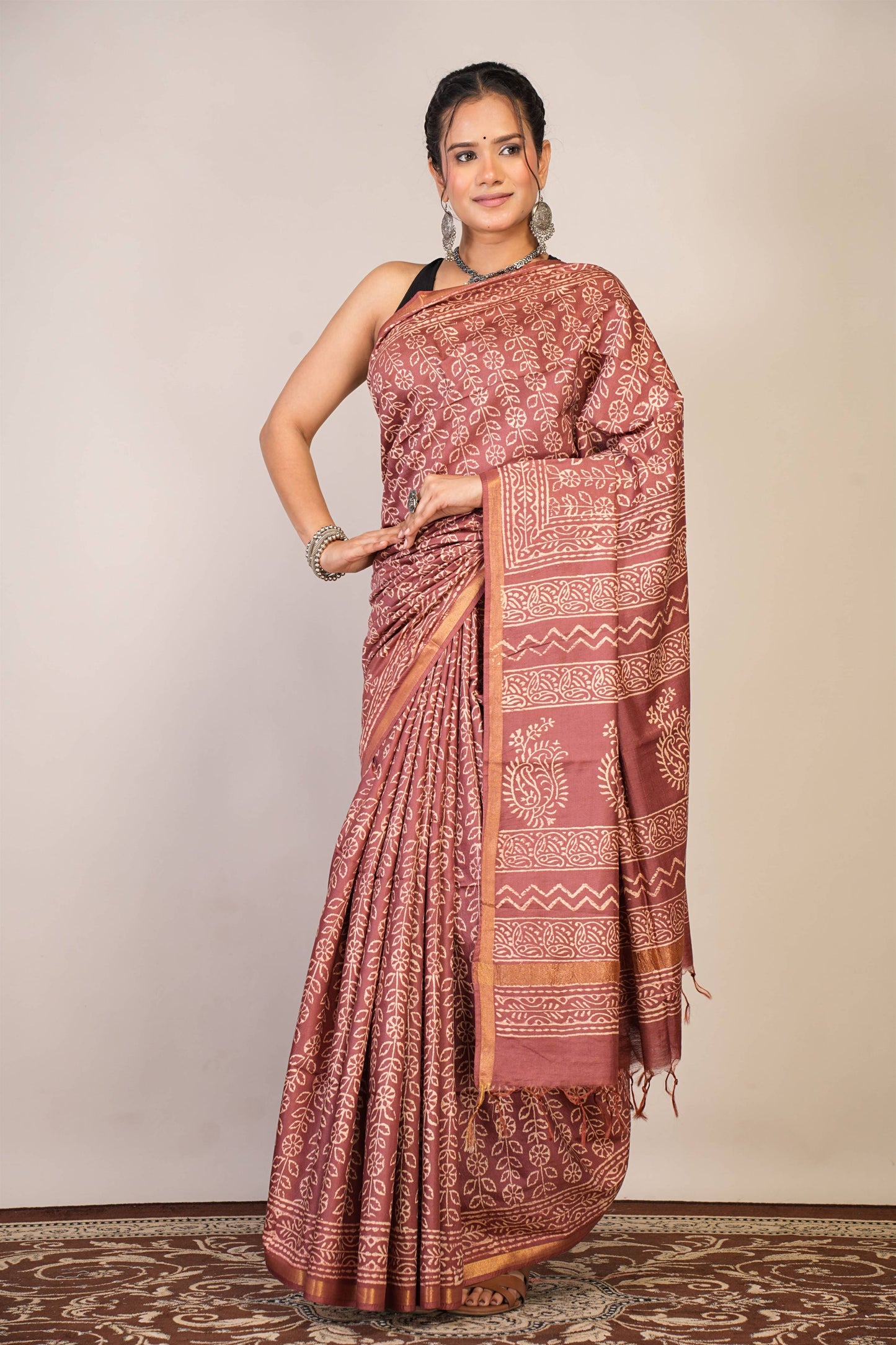 Anuttara Bhagalpuri Brown Cotton Silk Floral Saree with Unstitched Blouse_AFS1368-FS