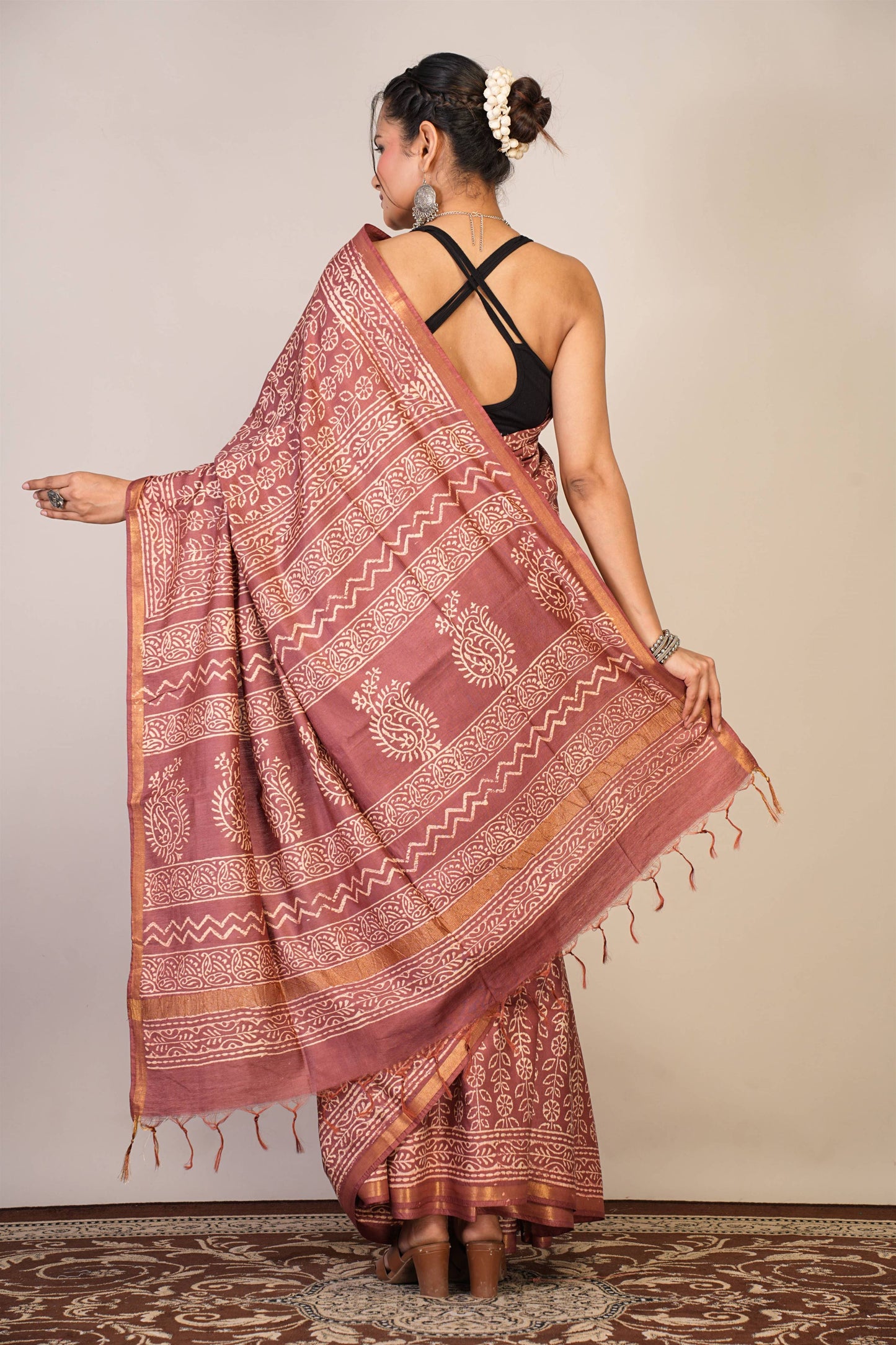 Anuttara Bhagalpuri Brown Cotton Silk Floral Saree with Unstitched Blouse_AFS1368-FS