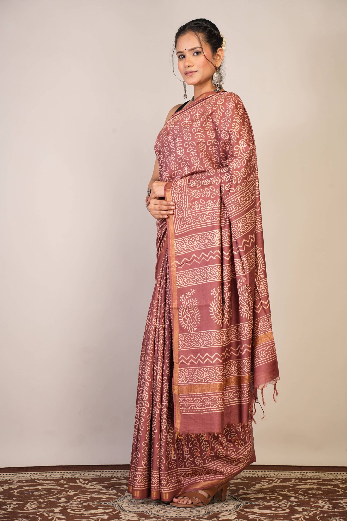 Anuttara Bhagalpuri Brown Cotton Silk Floral Saree with Unstitched Blouse_AFS1368-FS