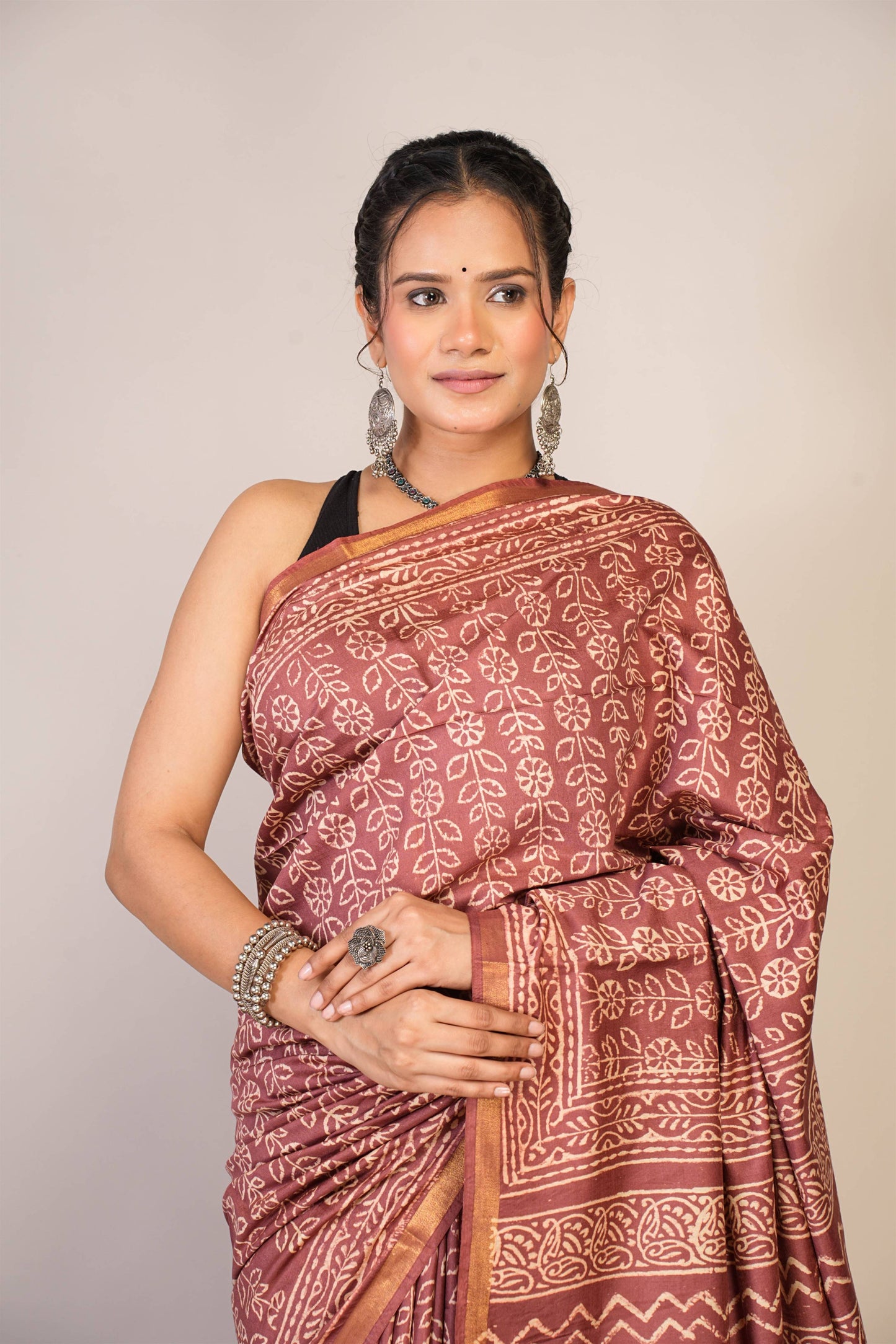 Anuttara Bhagalpuri Brown Cotton Silk Floral Saree with Unstitched Blouse_AFS1368-FS