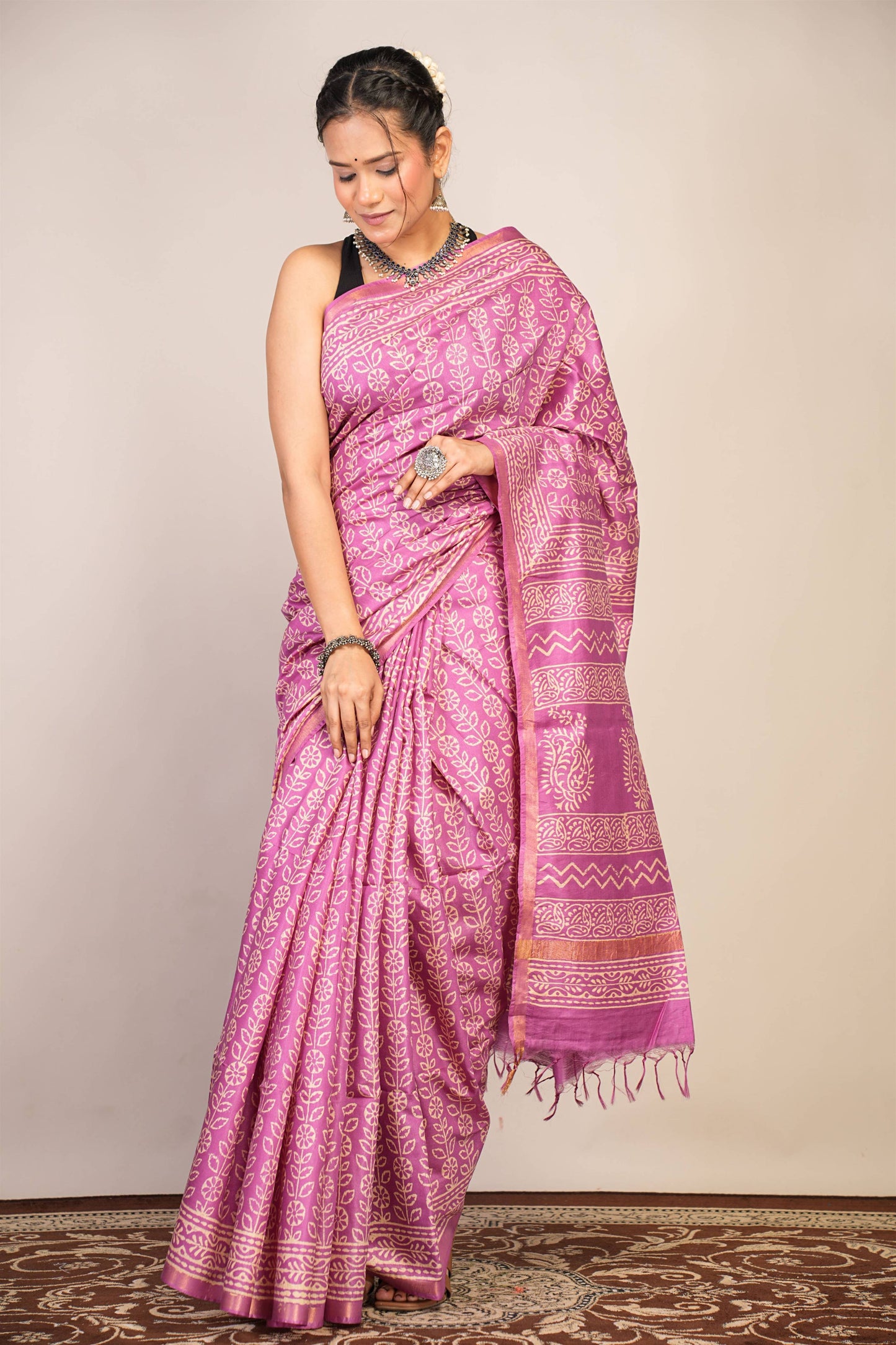 Anuttara Bhagalpuri Purple Cotton Silk Floral Saree with Unstitched Blouse_AFS1369-FS