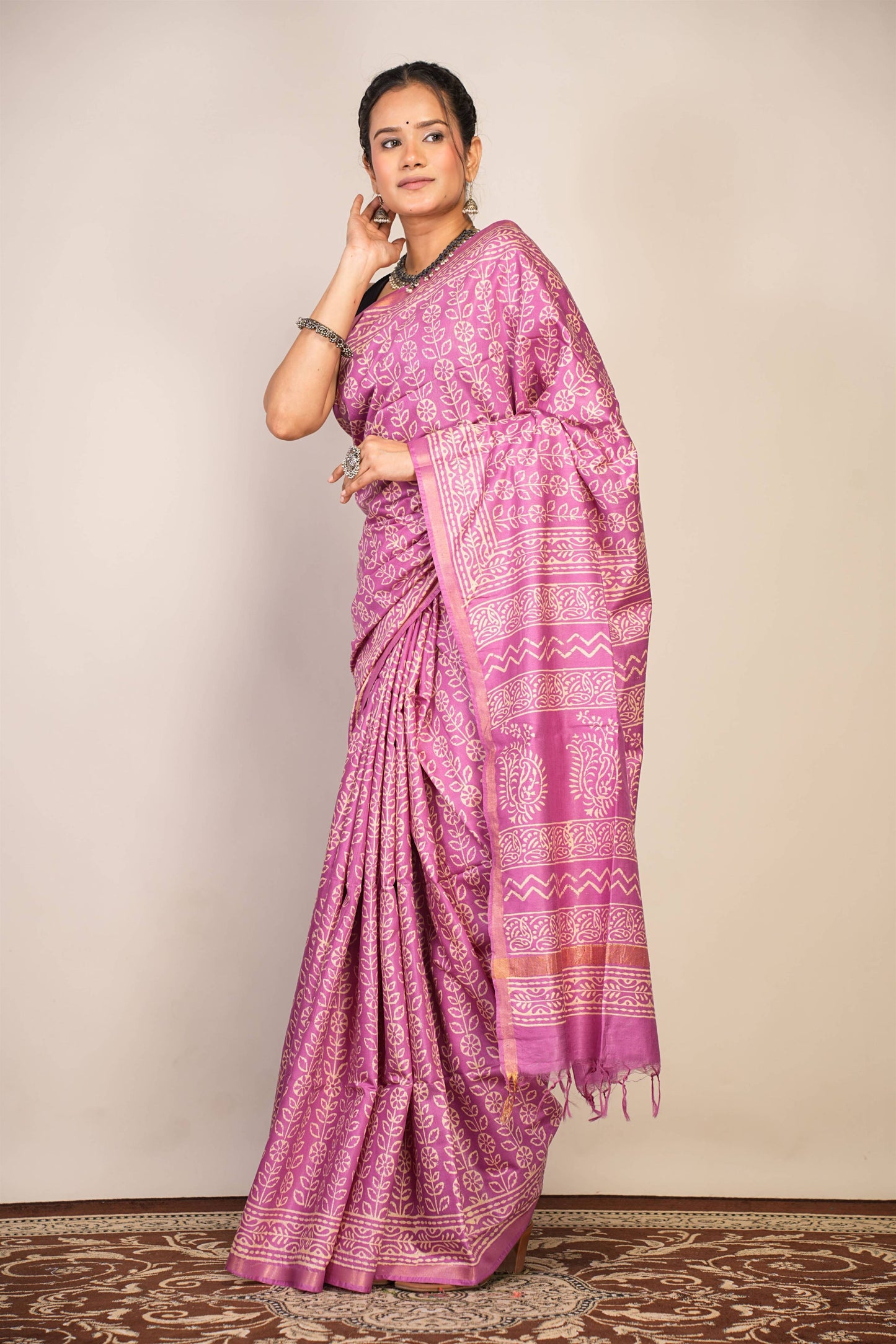 Anuttara Bhagalpuri Purple Cotton Silk Floral Saree with Unstitched Blouse_AFS1369-FS