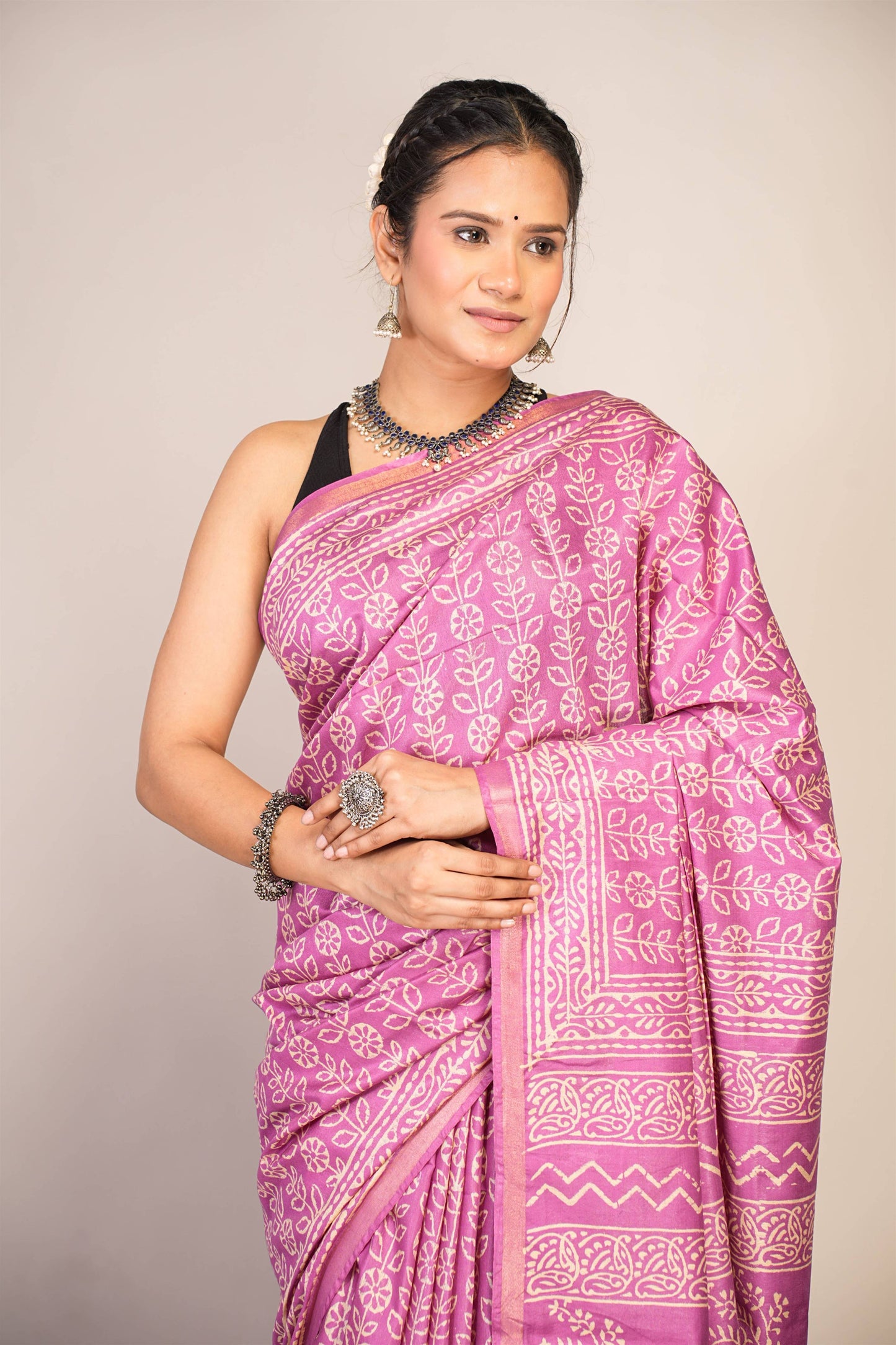 Anuttara Bhagalpuri Purple Cotton Silk Floral Saree with Unstitched Blouse_AFS1369-FS