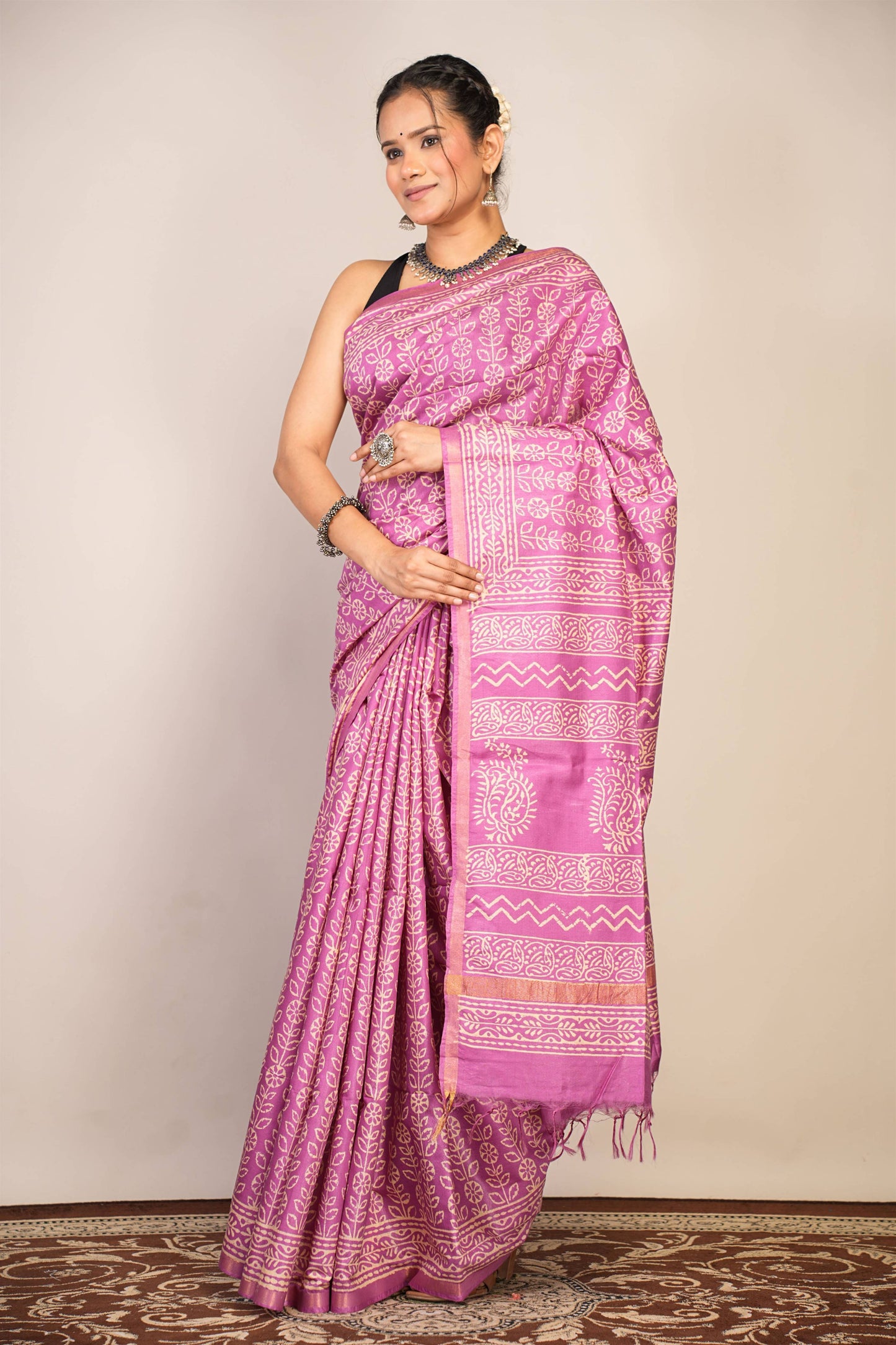 Anuttara Bhagalpuri Purple Cotton Silk Floral Saree with Unstitched Blouse_AFS1369-FS