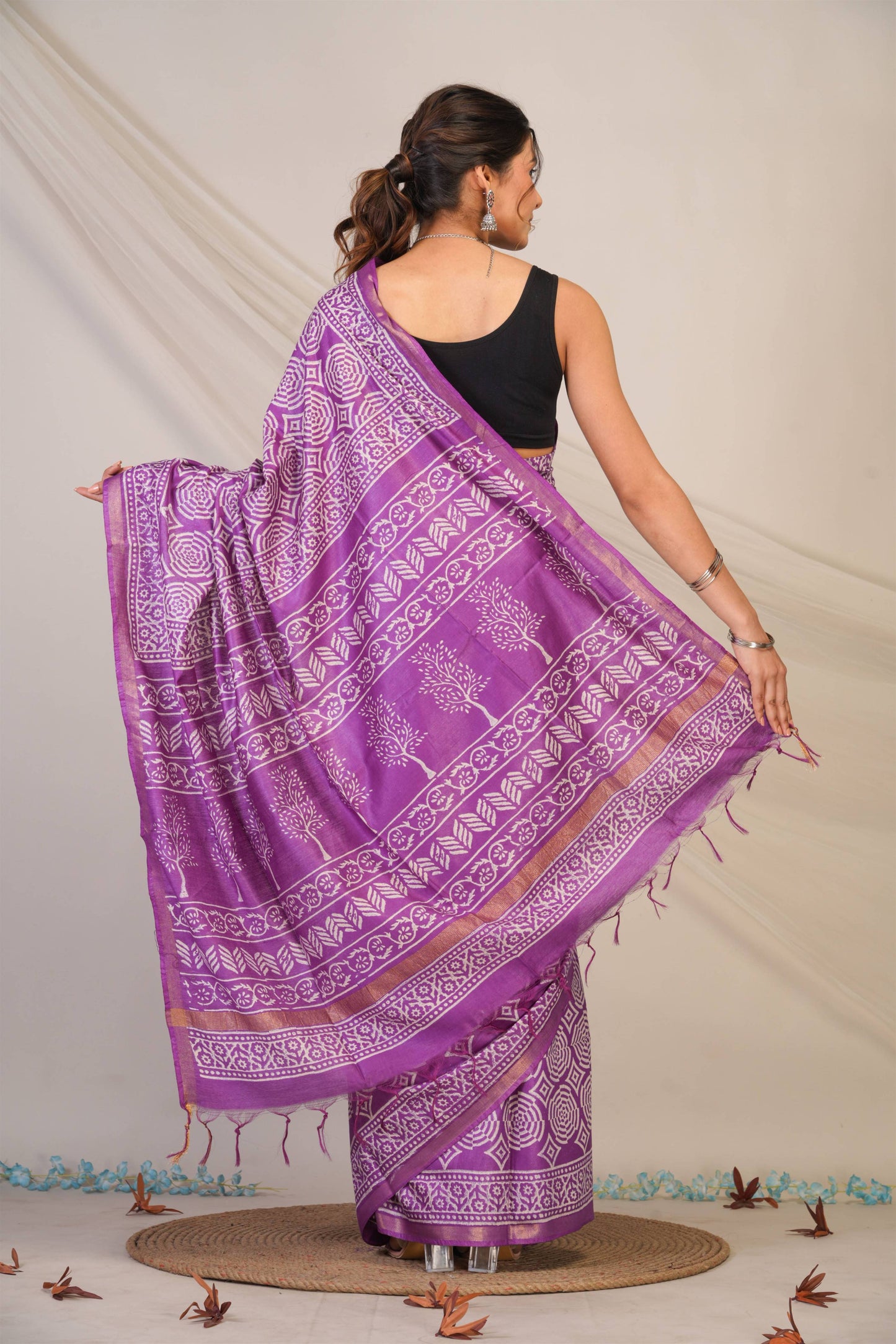 Anuttara Bhagalpuri Violet Cotton Silk Abstract, Floral Saree with Unstitched Blouse_AFS1372-FS