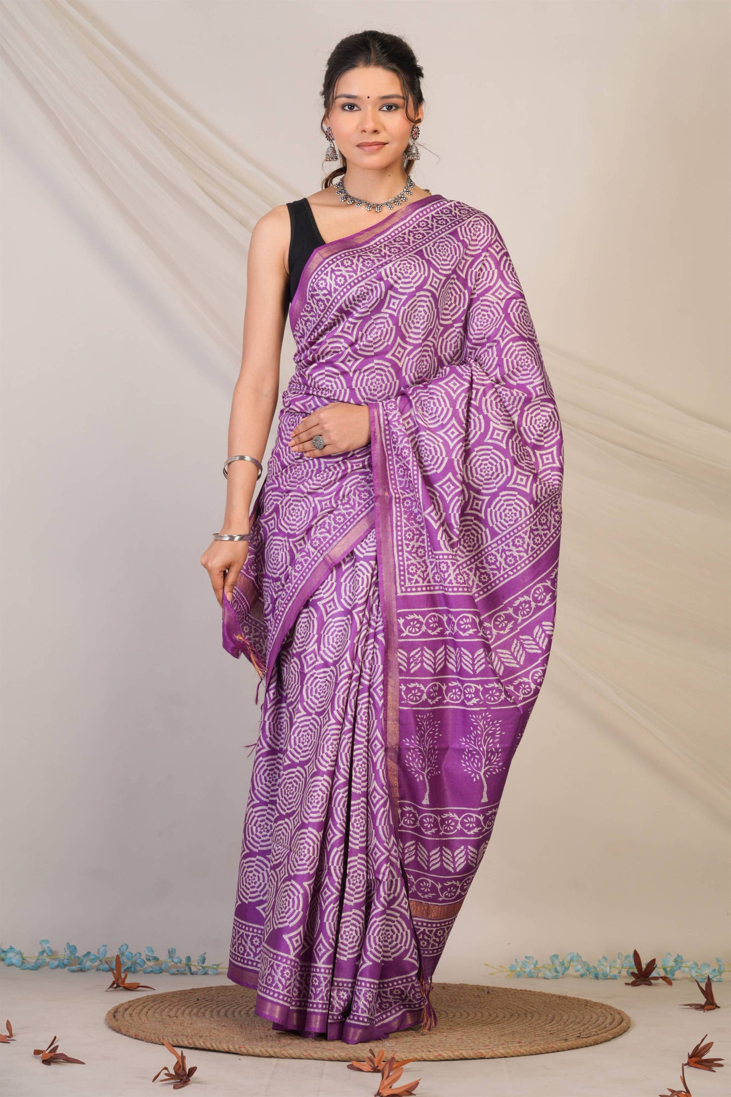 Anuttara Bhagalpuri Violet Cotton Silk Abstract, Floral Saree with Unstitched Blouse_AFS1372-FS