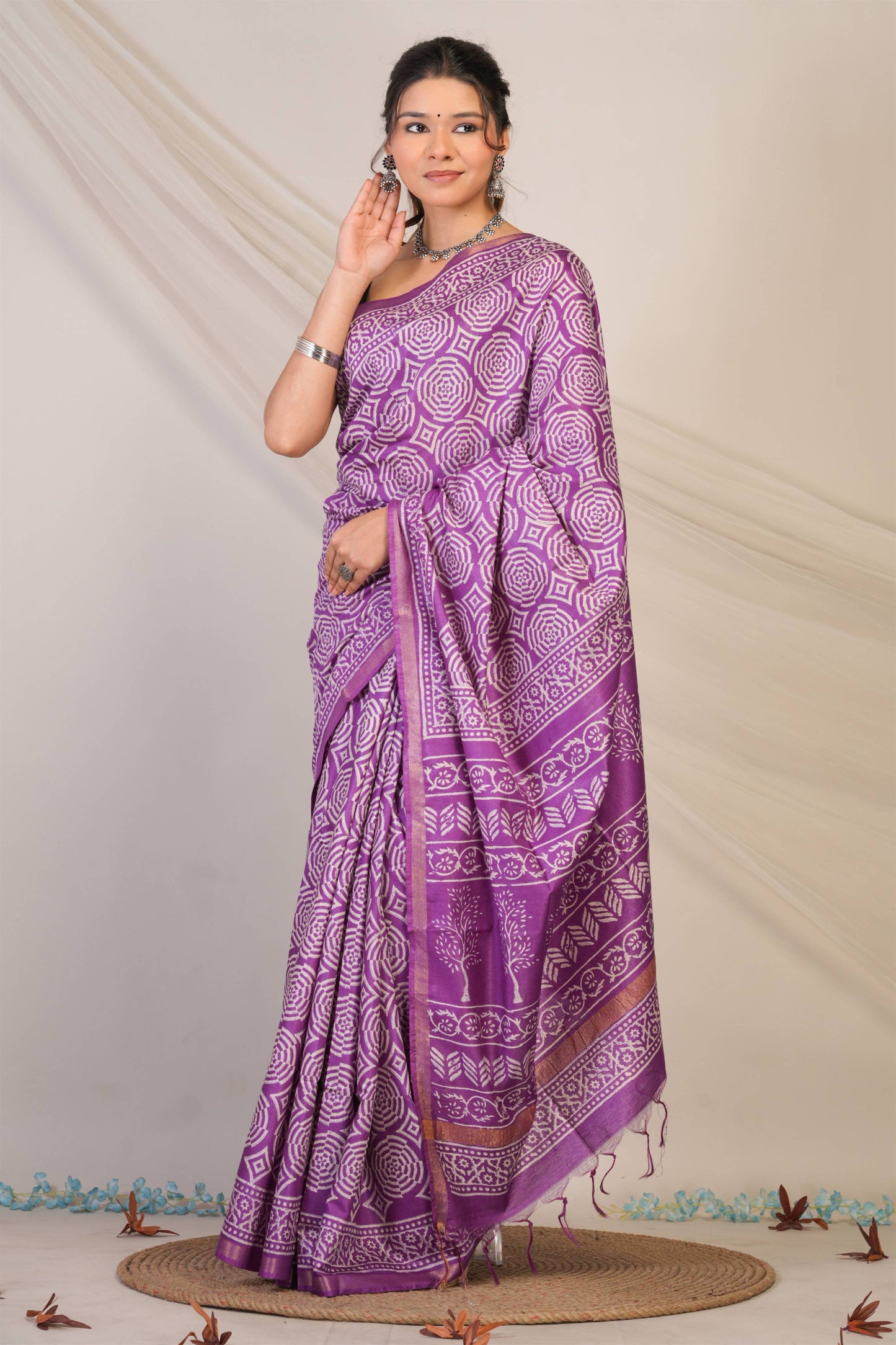 Anuttara Bhagalpuri Violet Cotton Silk Abstract, Floral Saree with Unstitched Blouse_AFS1372-FS