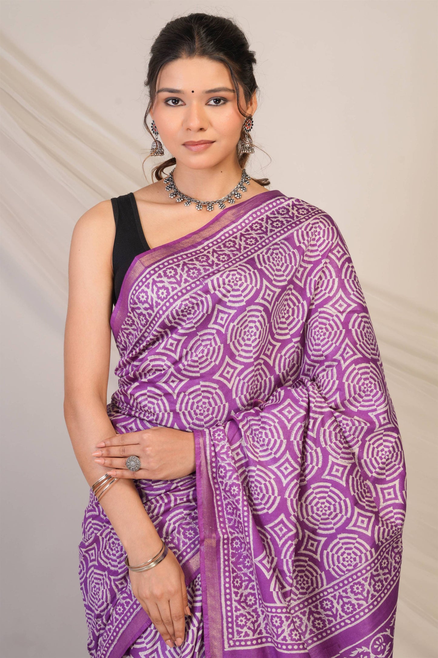 Anuttara Bhagalpuri Violet Cotton Silk Abstract, Floral Saree with Unstitched Blouse_AFS1372-FS
