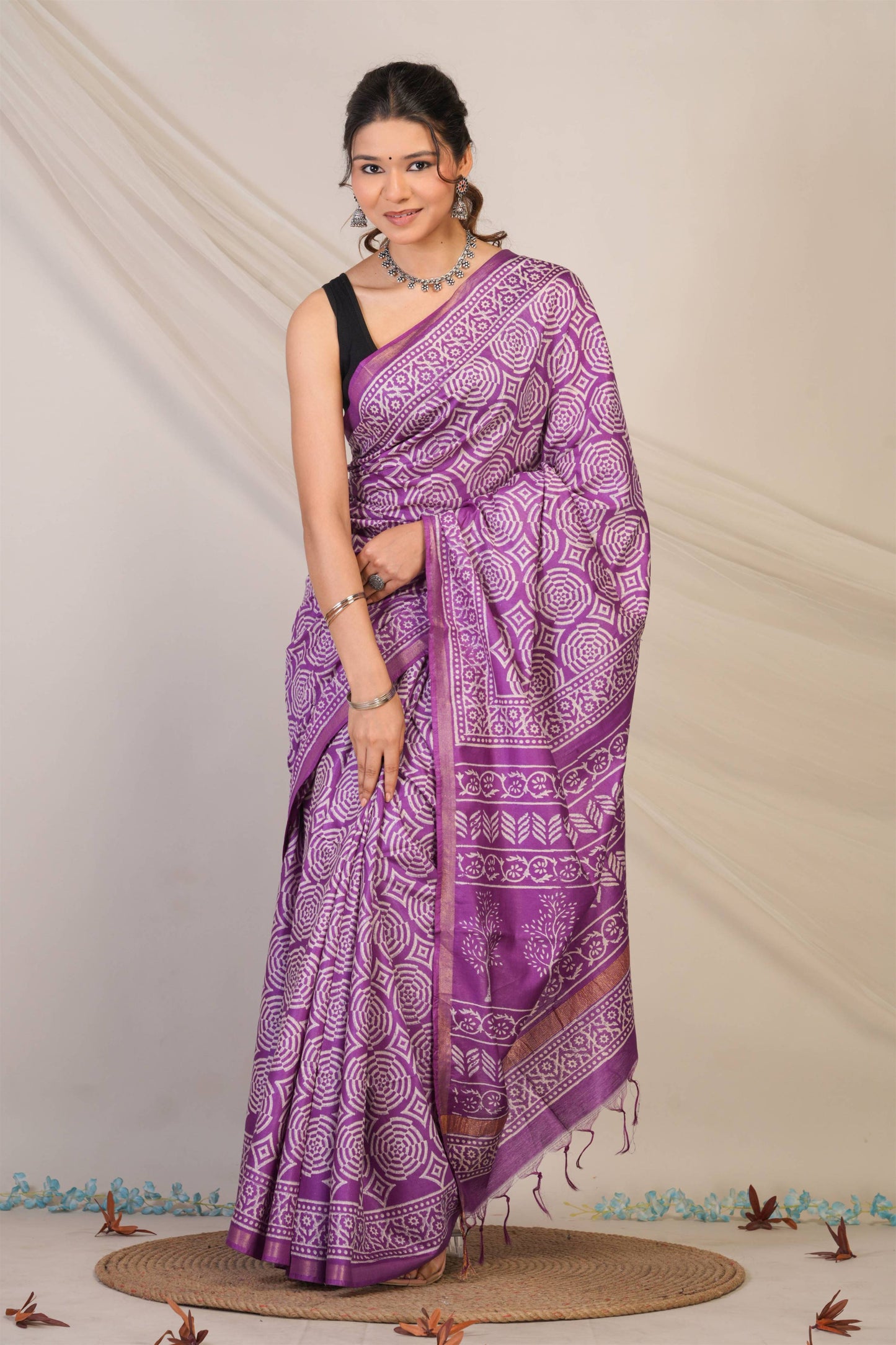 Anuttara Bhagalpuri Violet Cotton Silk Abstract, Floral Saree with Unstitched Blouse_AFS1372-FS