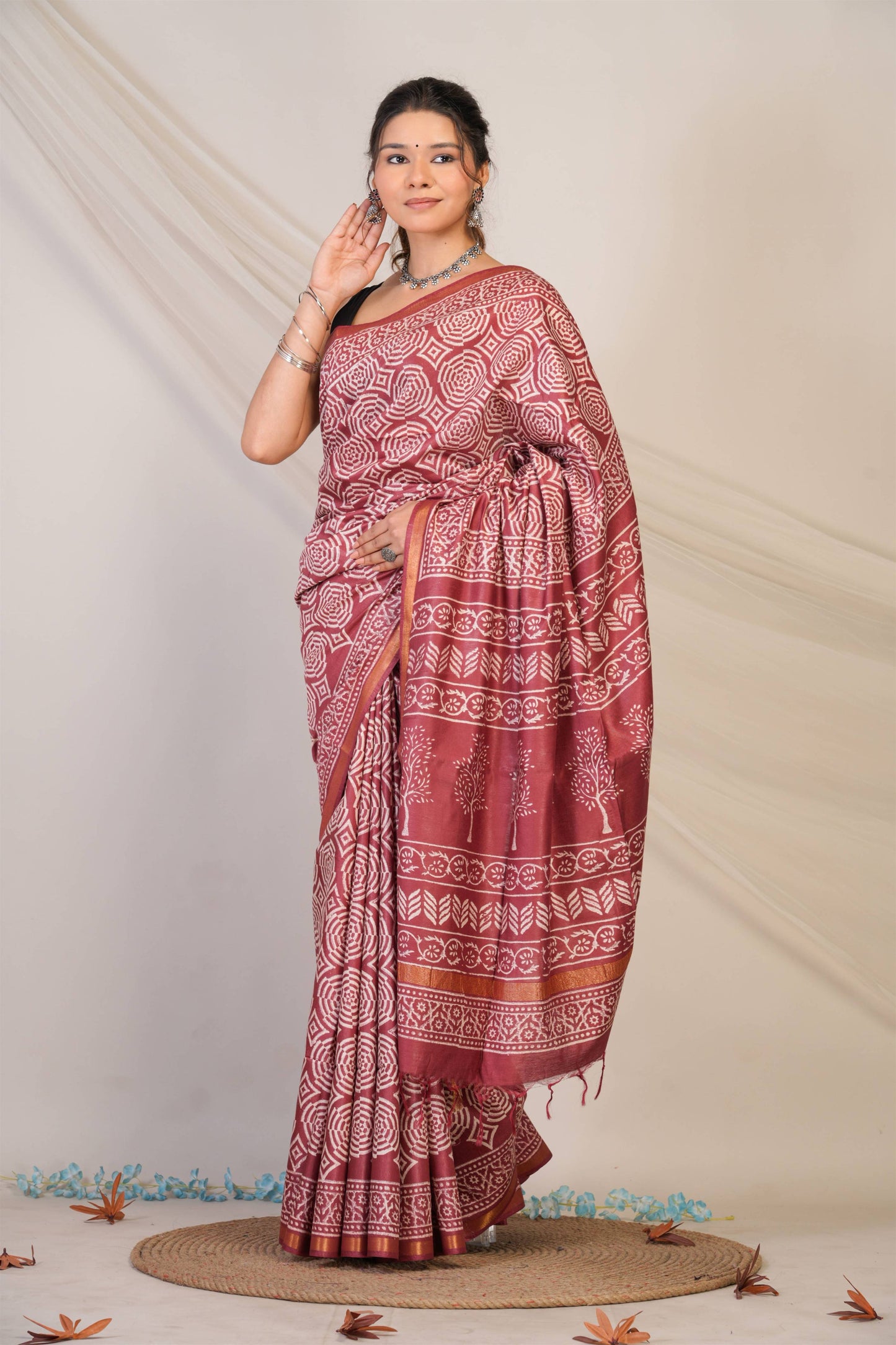 Anuttara Bhagalpuri Maroon Cotton Silk Abstract, Floral Saree with Unstitched Blouse_AFS1373-FS