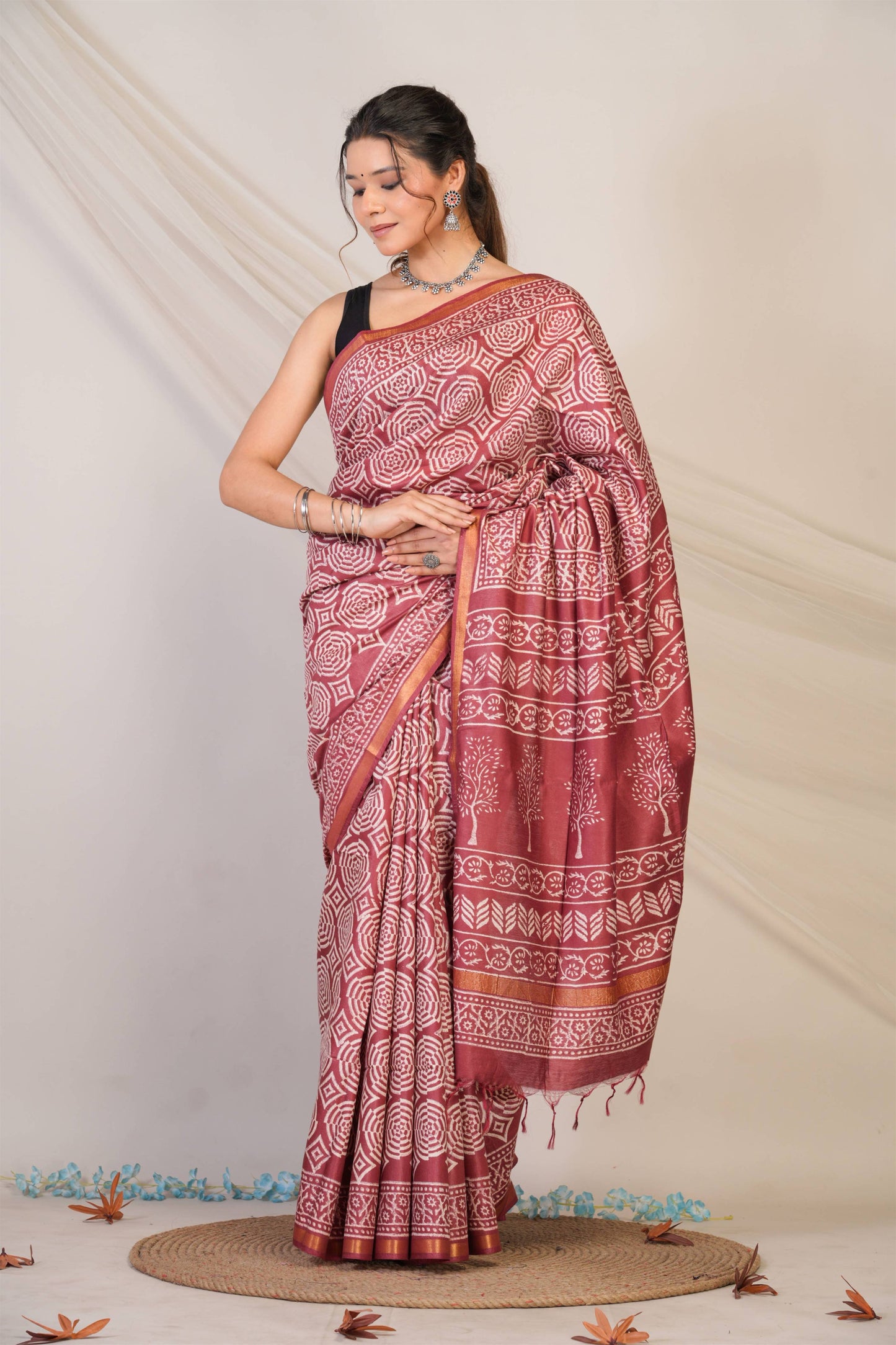 Anuttara Bhagalpuri Maroon Cotton Silk Abstract, Floral Saree with Unstitched Blouse_AFS1373-FS