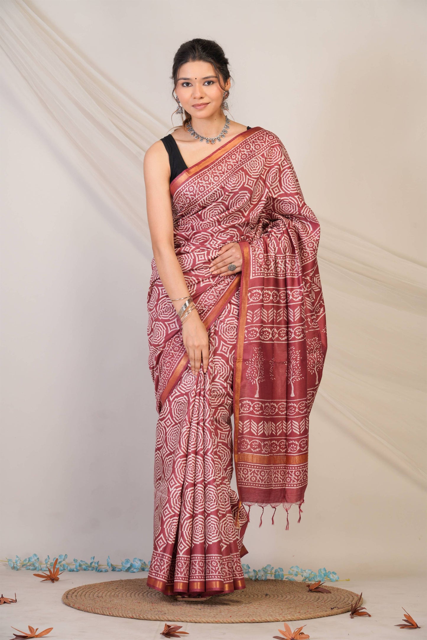Anuttara Bhagalpuri Maroon Cotton Silk Abstract, Floral Saree with Unstitched Blouse_AFS1373-FS